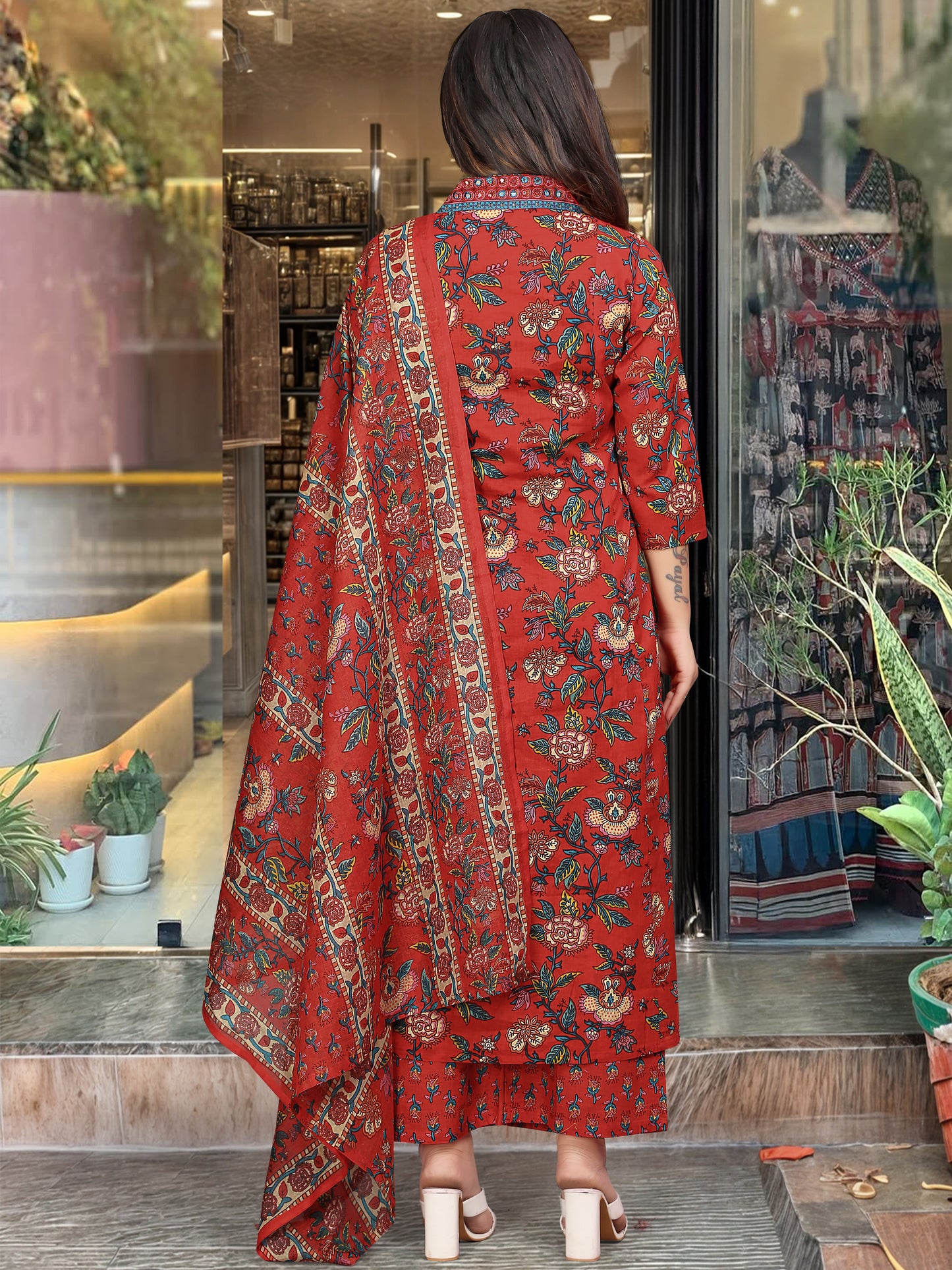 TANVI MAROON COLOURED WOMEN'S COTTON EMBROIDERED KURTA WITH PANT DUPATTA SET