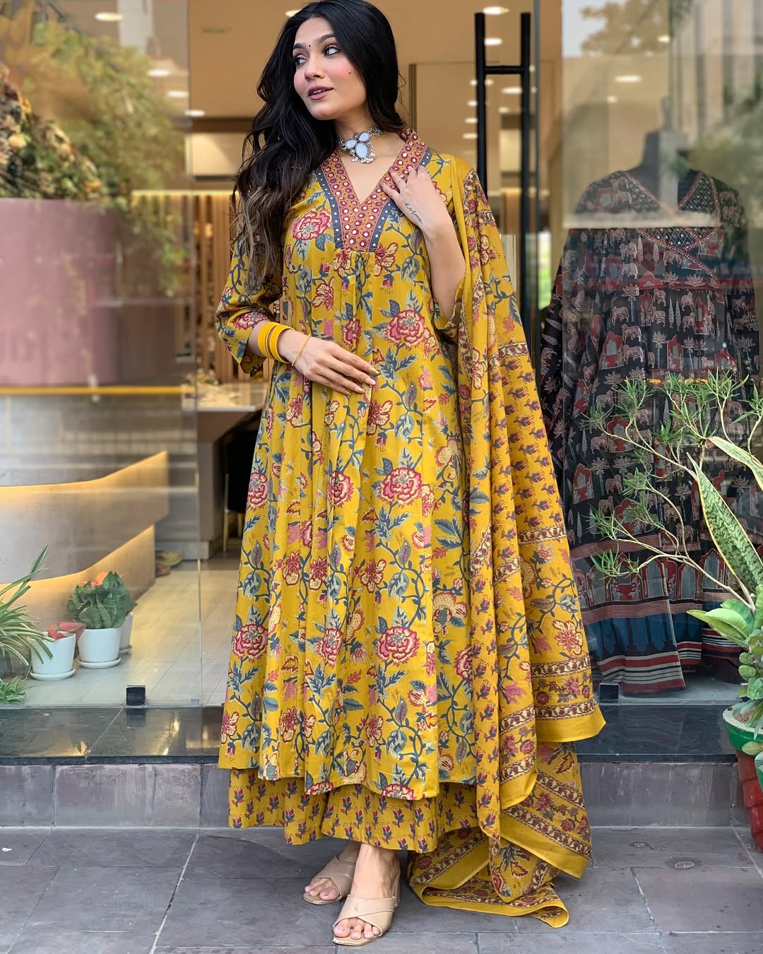 TANVI YELLOW COLOURED WOMEN'S VISCOSE CHANDERI EMBROIDERED KURTA WITH PANT DUPATTA SET