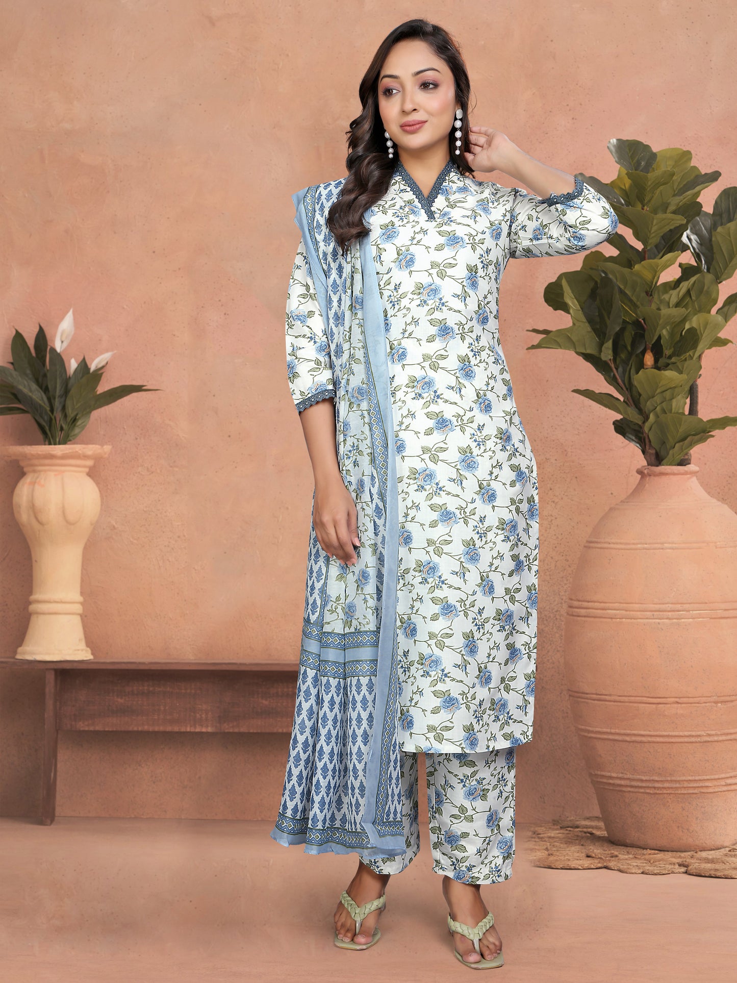 TEAL COLOURED WOMEN'S COTTON SLUB KURTA WITH PANT DUPATTA SET