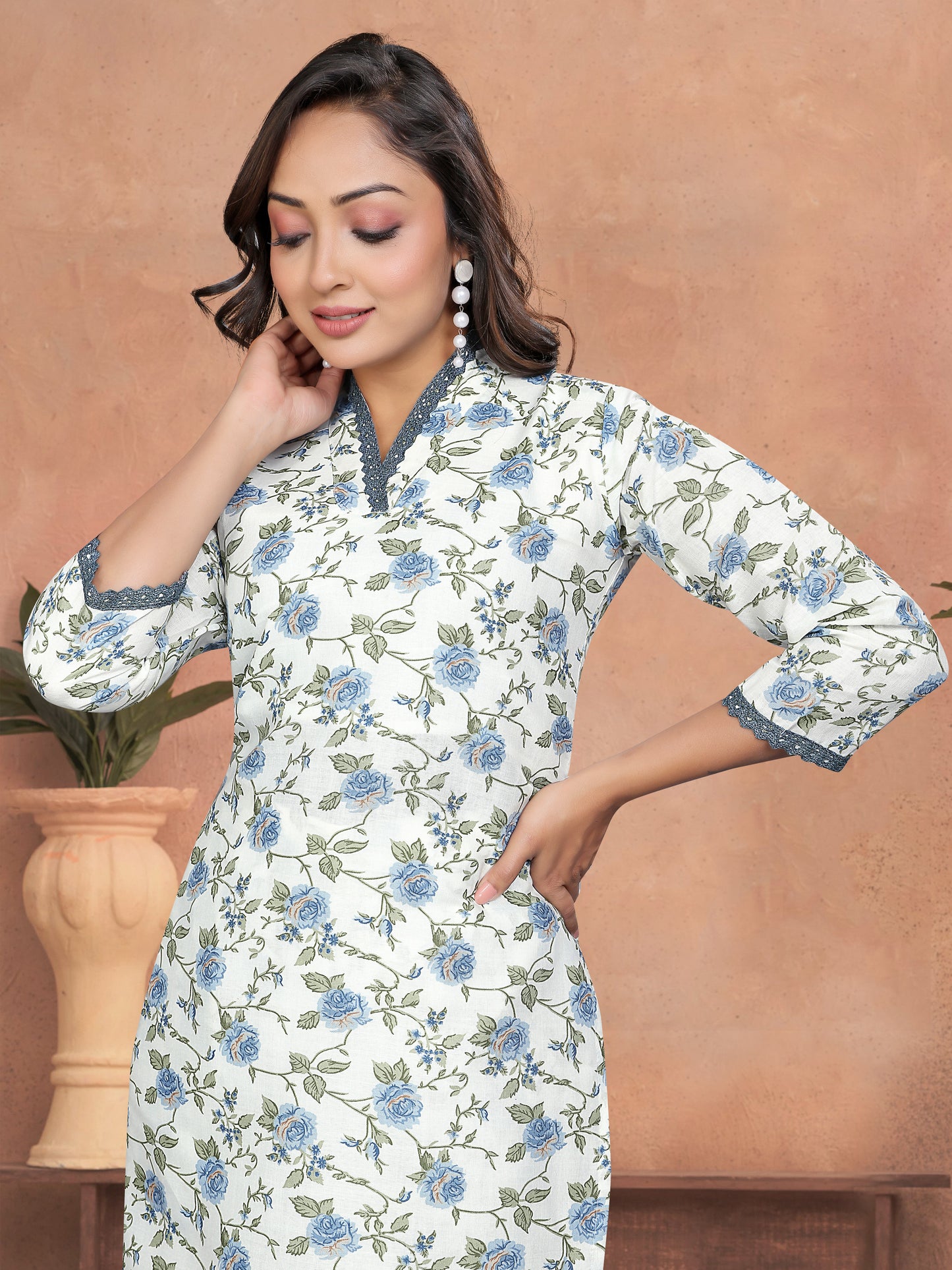 TEAL COLOURED WOMEN'S COTTON SLUB KURTA WITH PANT DUPATTA SET