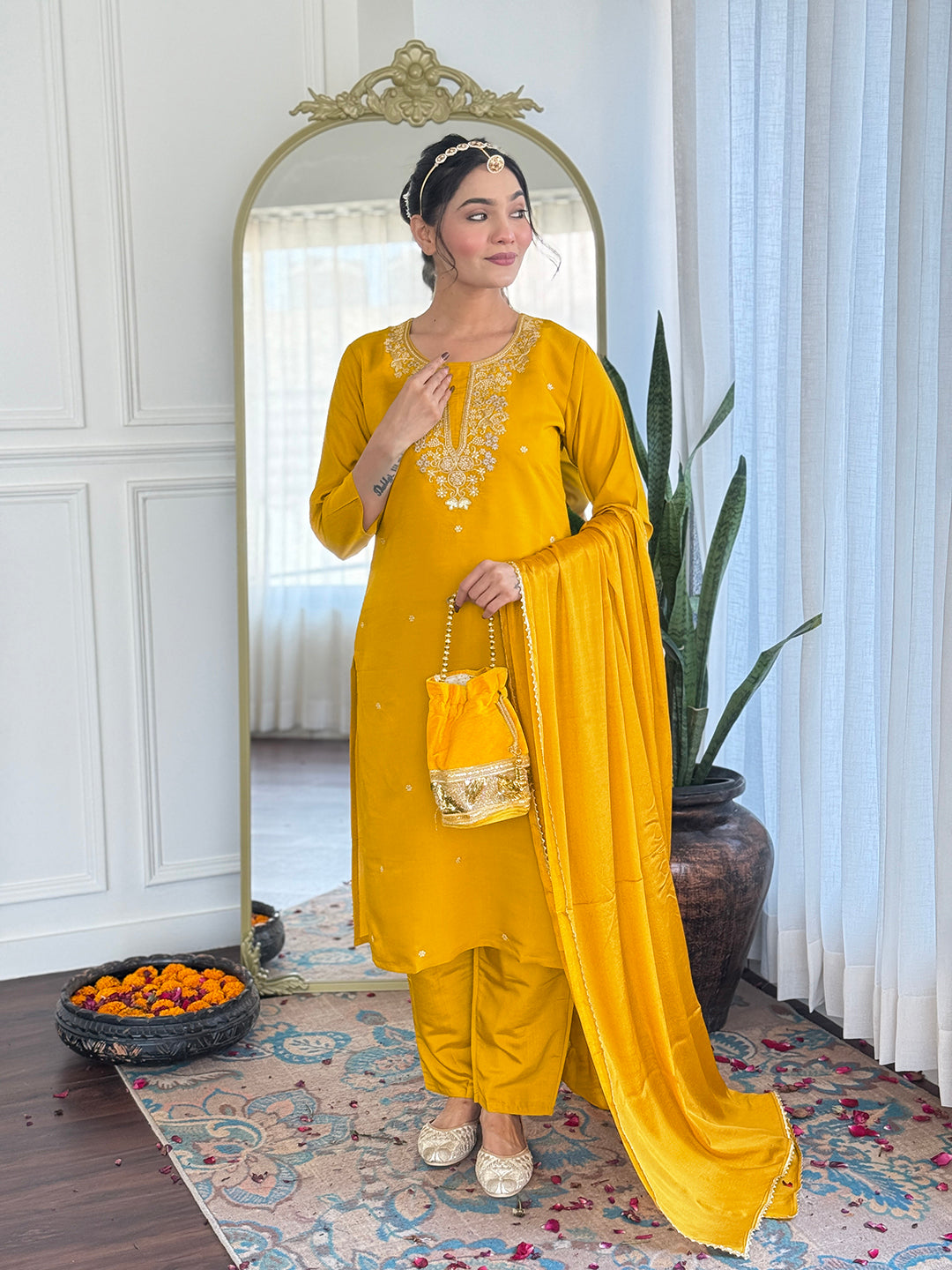 YELLOW COLOURED WOMEN'S COTTON EMBROIDERED KURTA WITH PANT DUPATTA SET