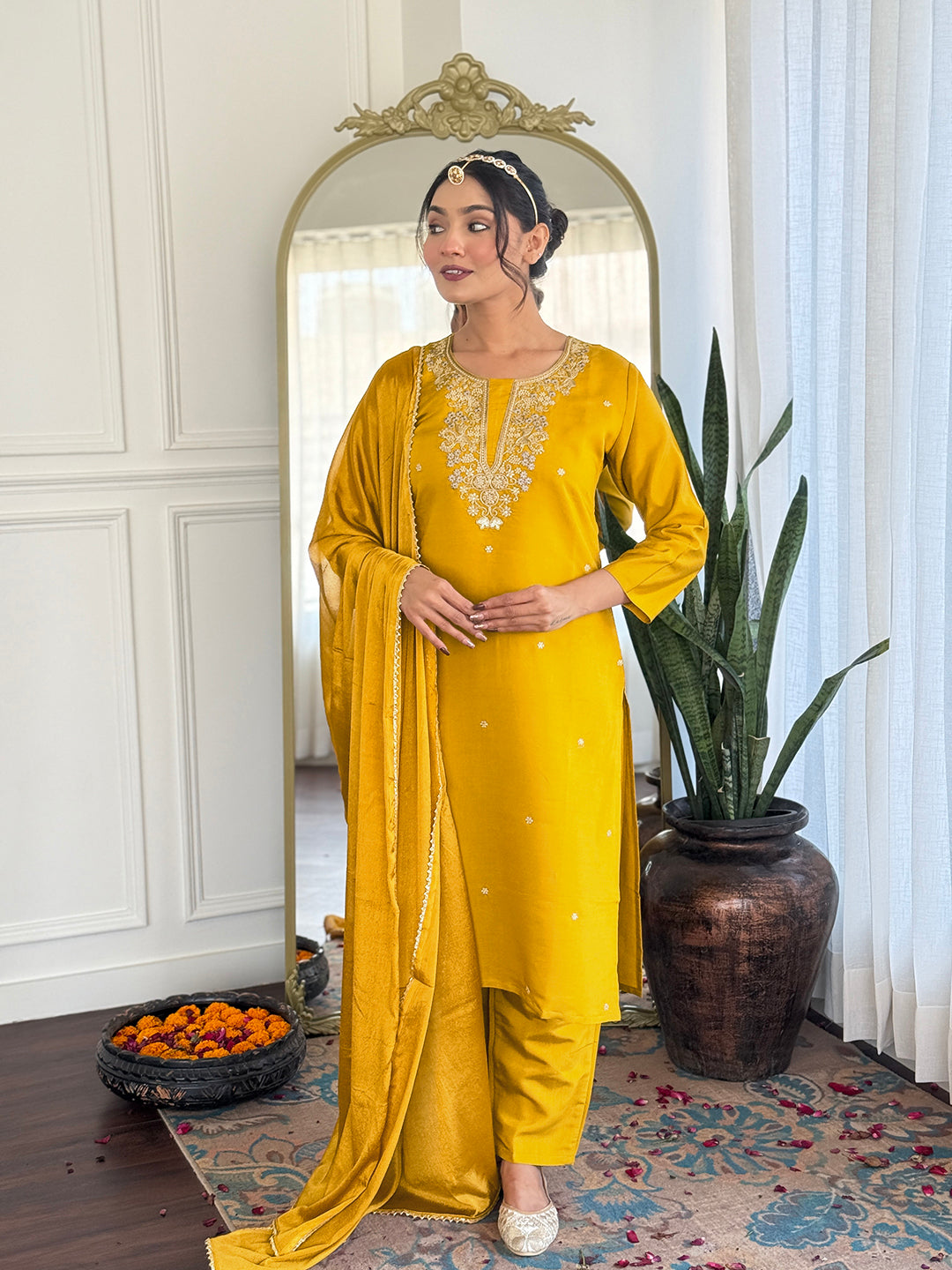 YELLOW COLOURED WOMEN'S COTTON EMBROIDERED KURTA WITH PANT DUPATTA SET
