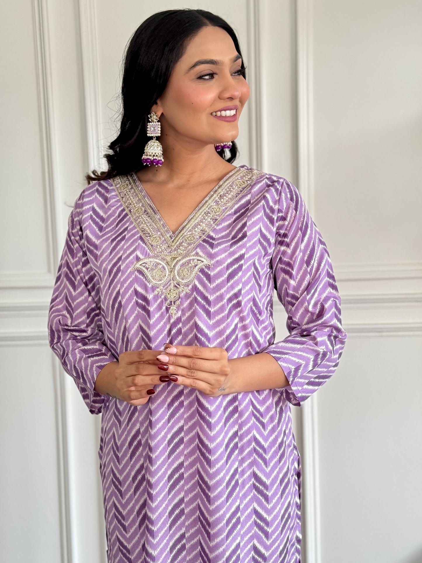 PURPLE COLOURED WOMEN'S FRENCH CREPE EMBROIDERED KURTA WITH PANT DUPATTA SET