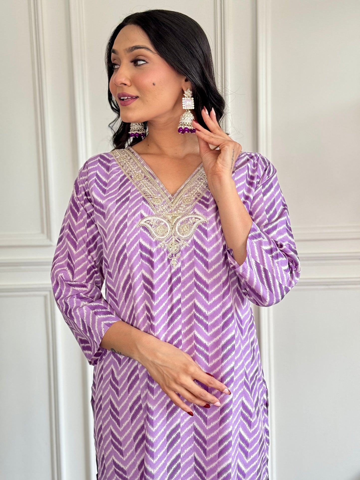 PURPLE COLOURED WOMEN'S FRENCH CREPE EMBROIDERED KURTA WITH PANT DUPATTA SET