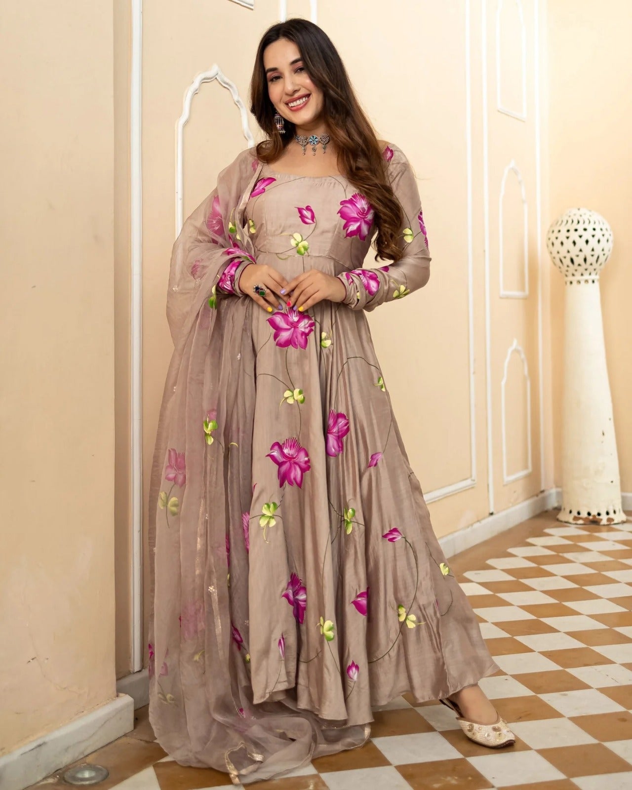 trendy Grey Coloured Flaired Kurta With Bottom And Beautifull Dupatta Set