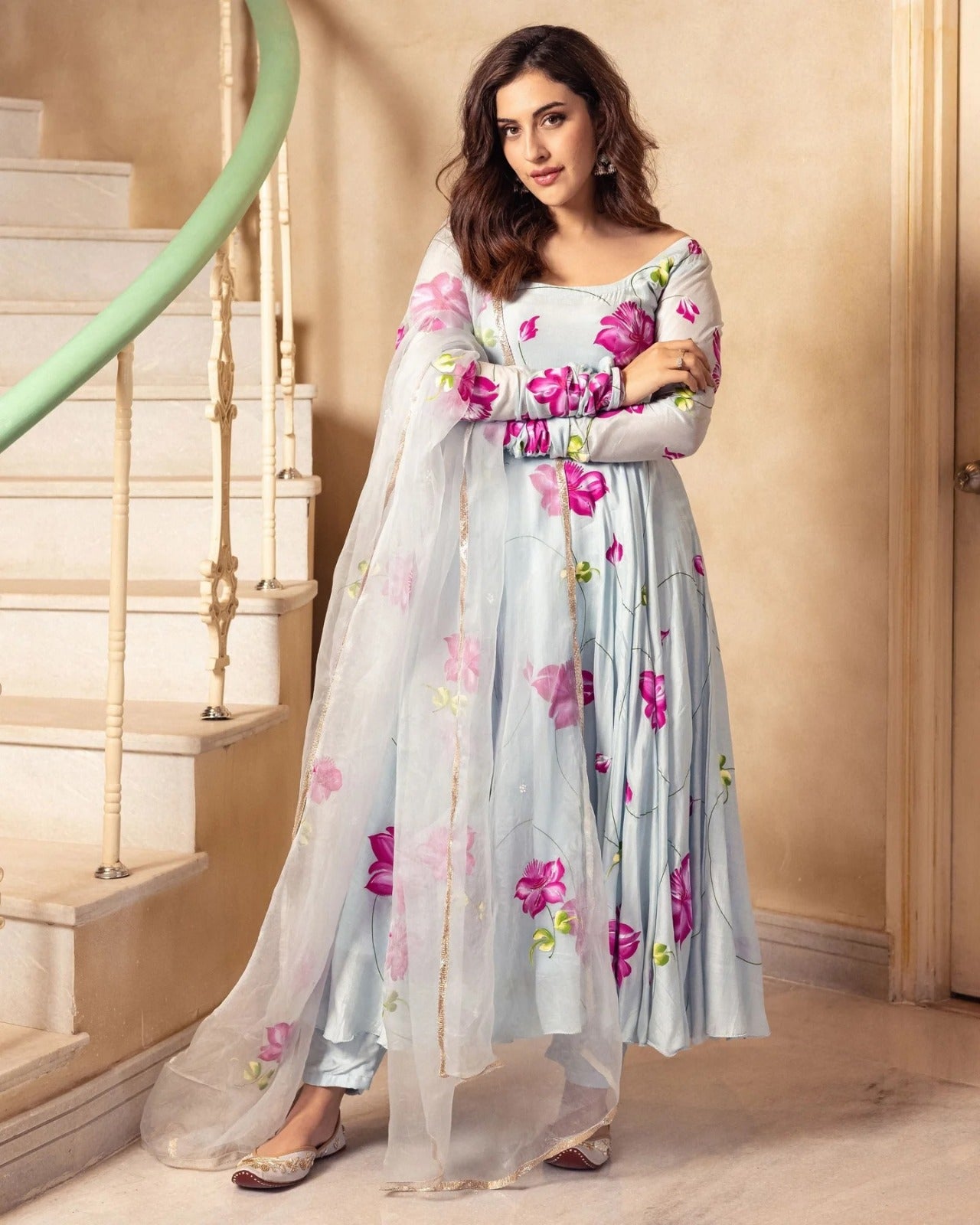 trendy sky Coloured Flaired Kurta With Bottom And Beautifull Dupatta Set