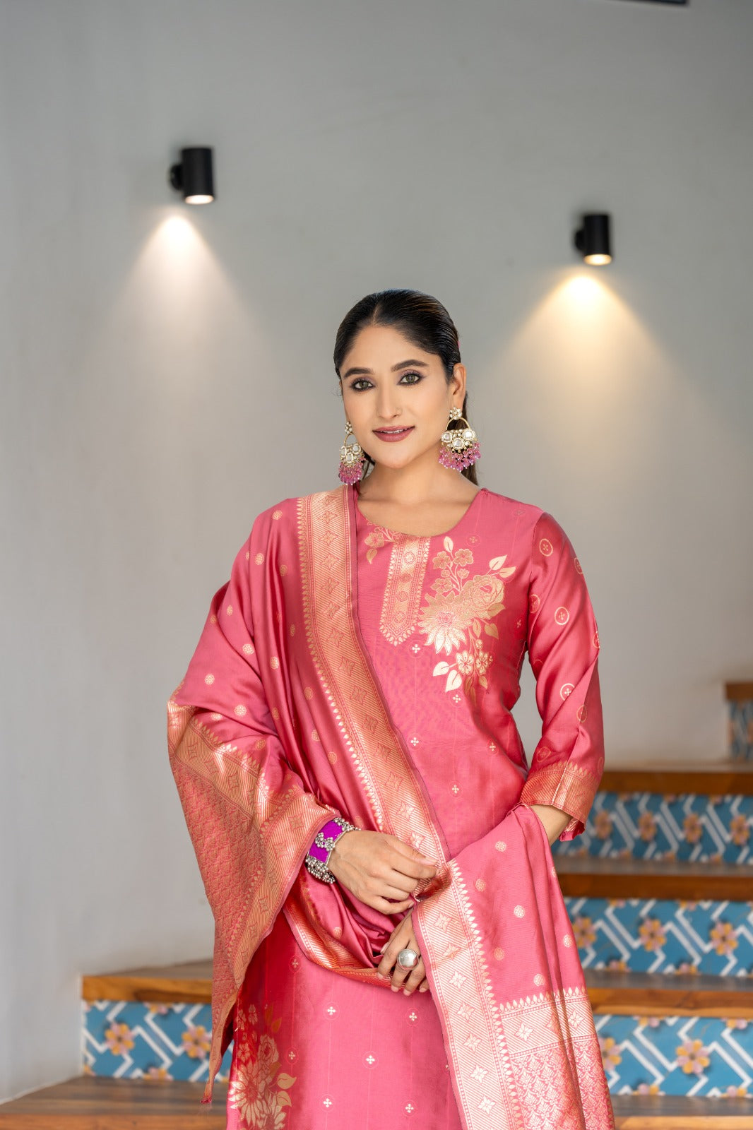 LIGHT PINK COLOURED WOMEN'S POLYSTER KURTA WITH DUPATTA SET