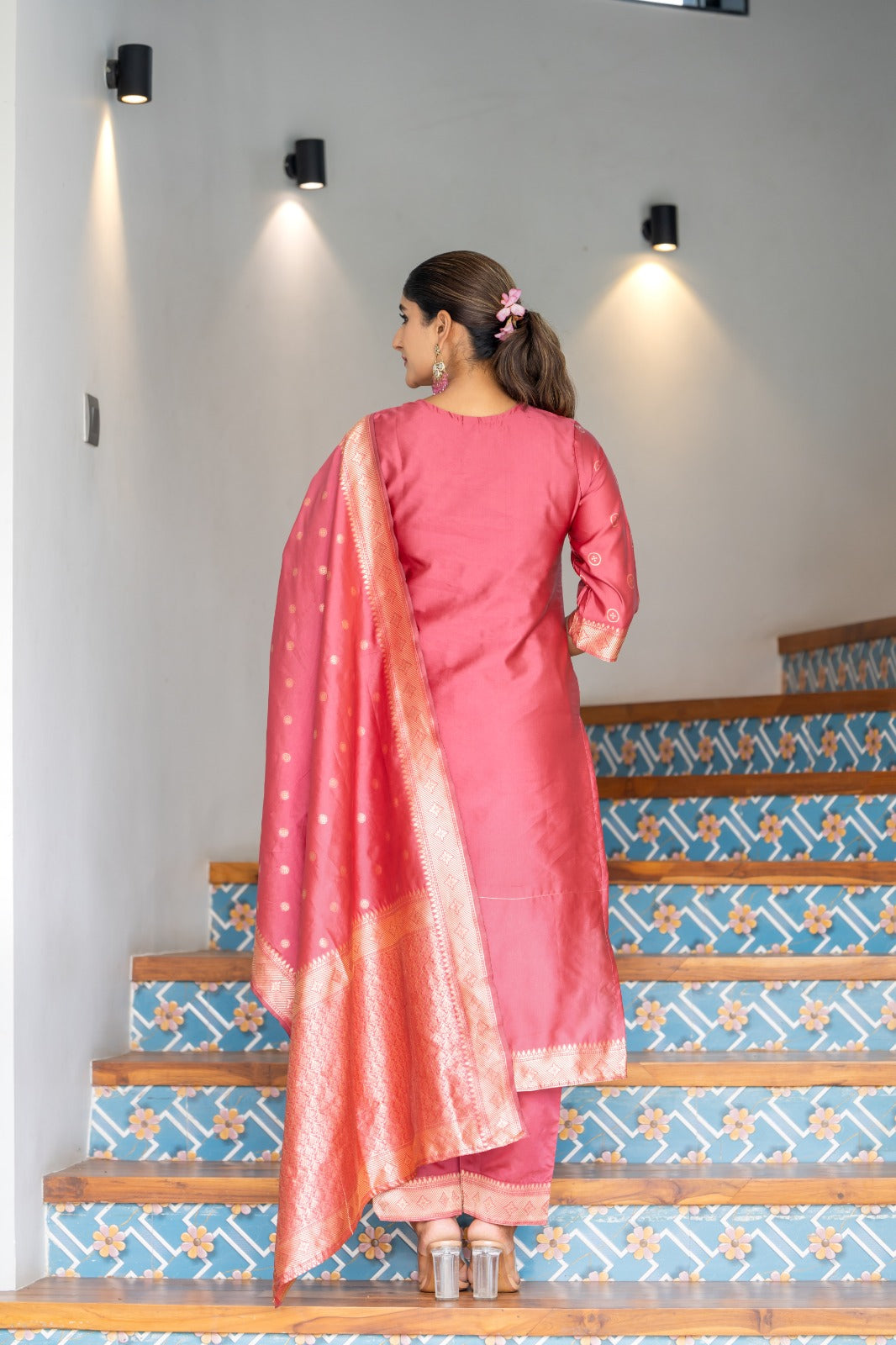 LIGHT PINK COLOURED WOMEN'S POLYSTER KURTA WITH DUPATTA SET