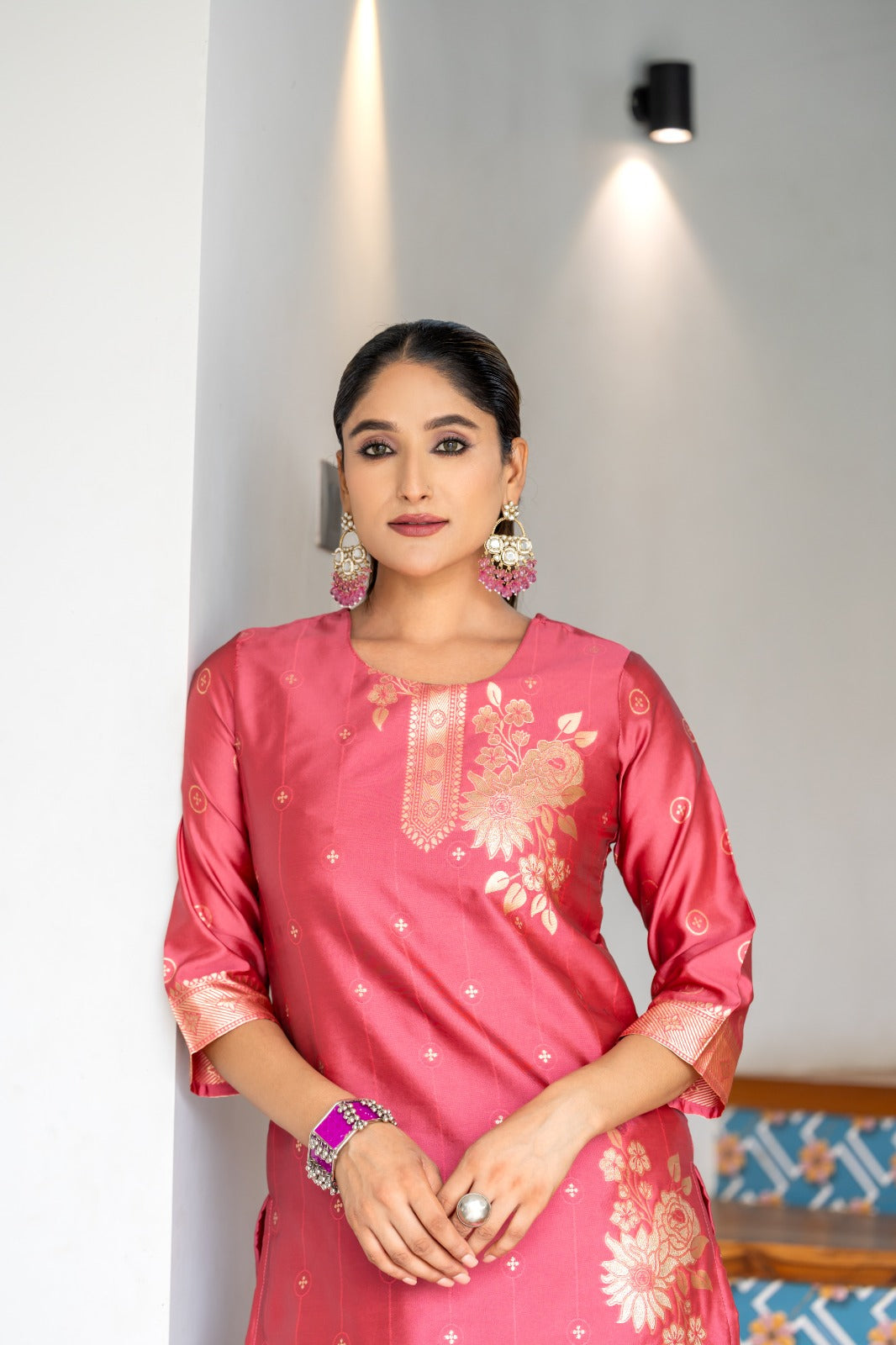 LIGHT PINK COLOURED WOMEN'S POLYSTER KURTA WITH DUPATTA SET