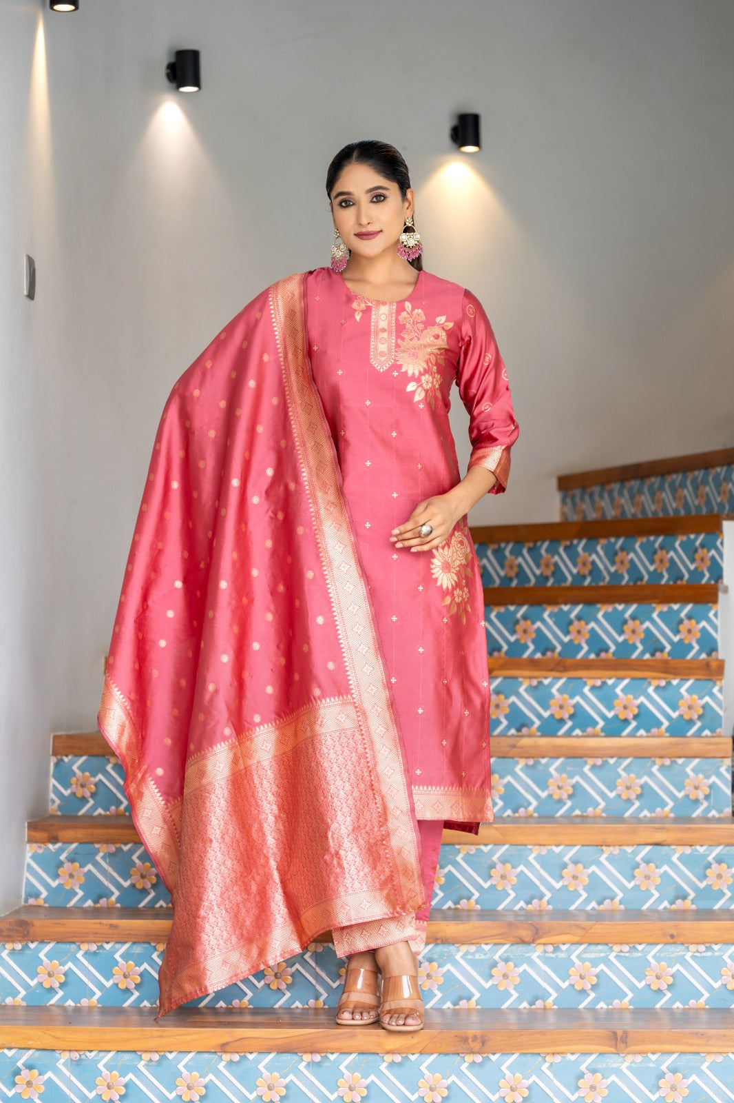 LIGHT PINK COLOURED WOMEN'S POLYSTER KURTA WITH DUPATTA SET