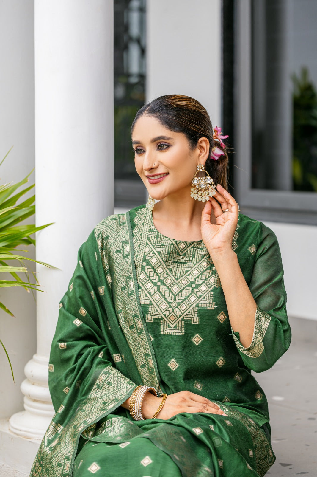 GREEN COLOURED WOMEN'S POLYSTER KURTA WITH DUPATTA SET
