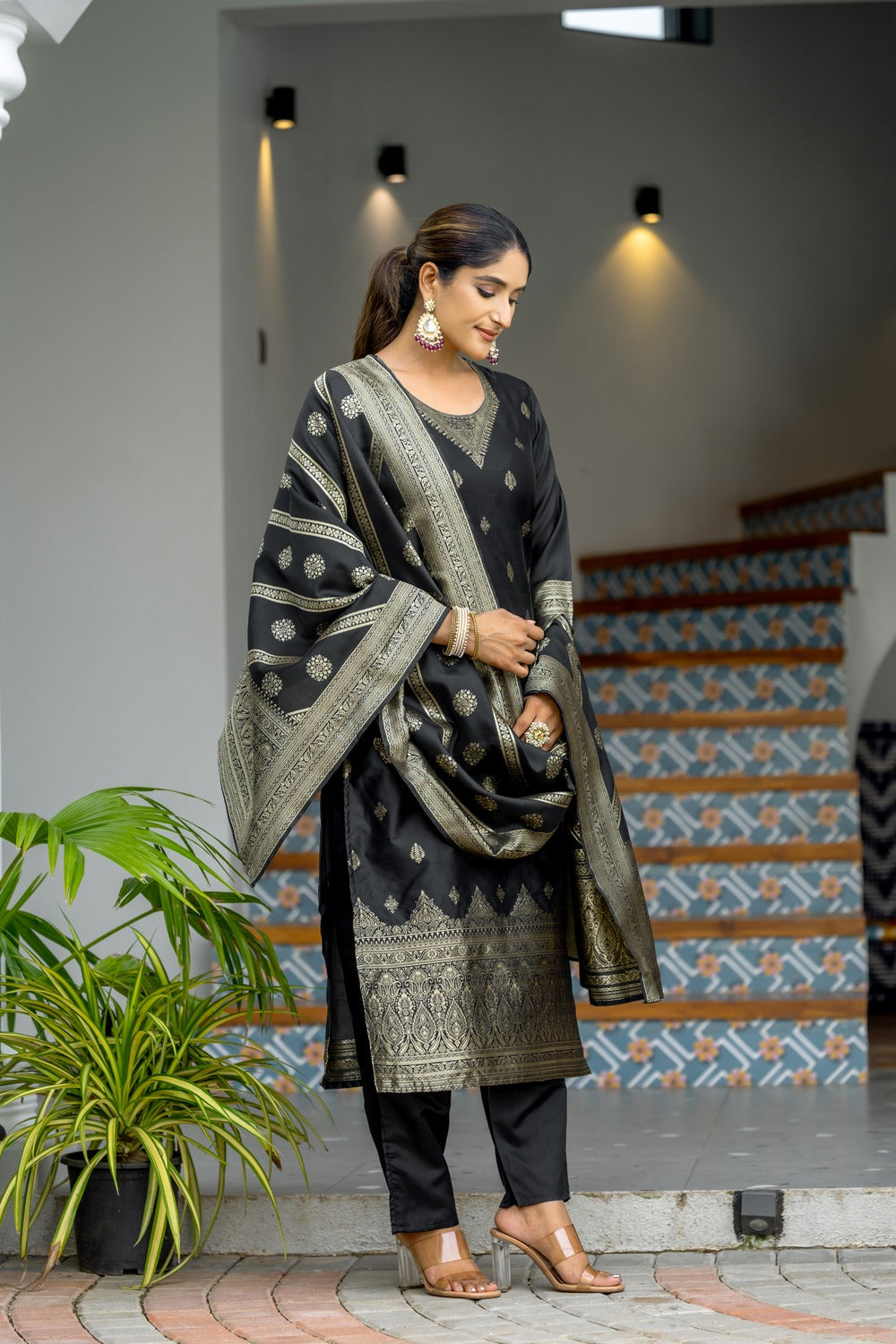 BLACK COLOURED WOMEN'S POLYSTER KURTA WITH DUPATTA SET