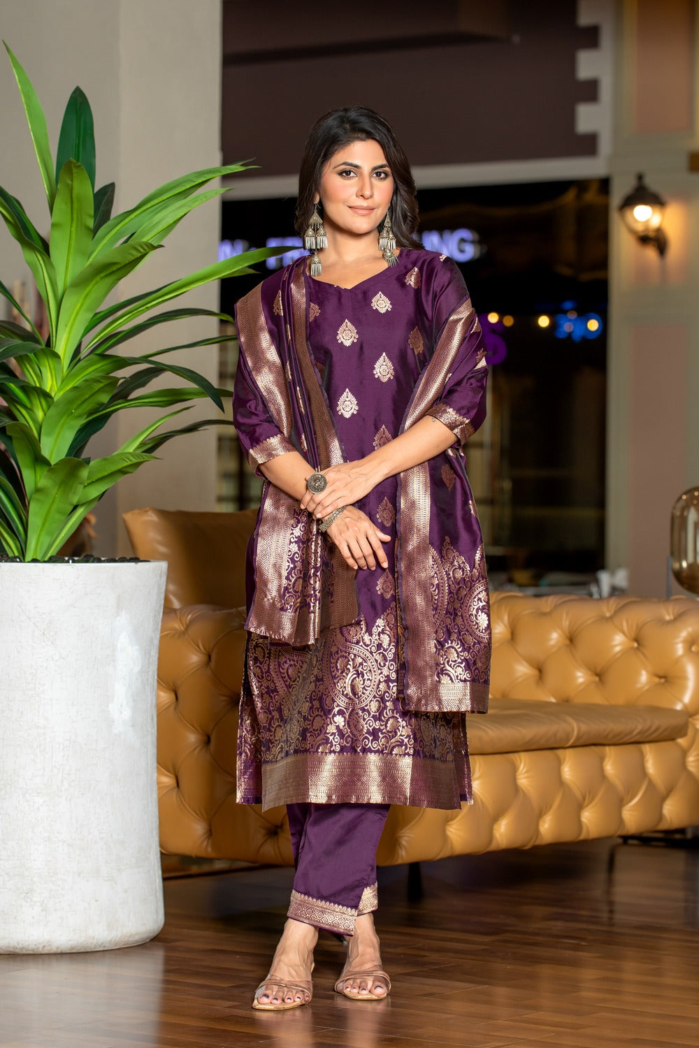 BROWN COLOURED WOMEN'S POLYSTER KURTA WITH DUPATTA SET