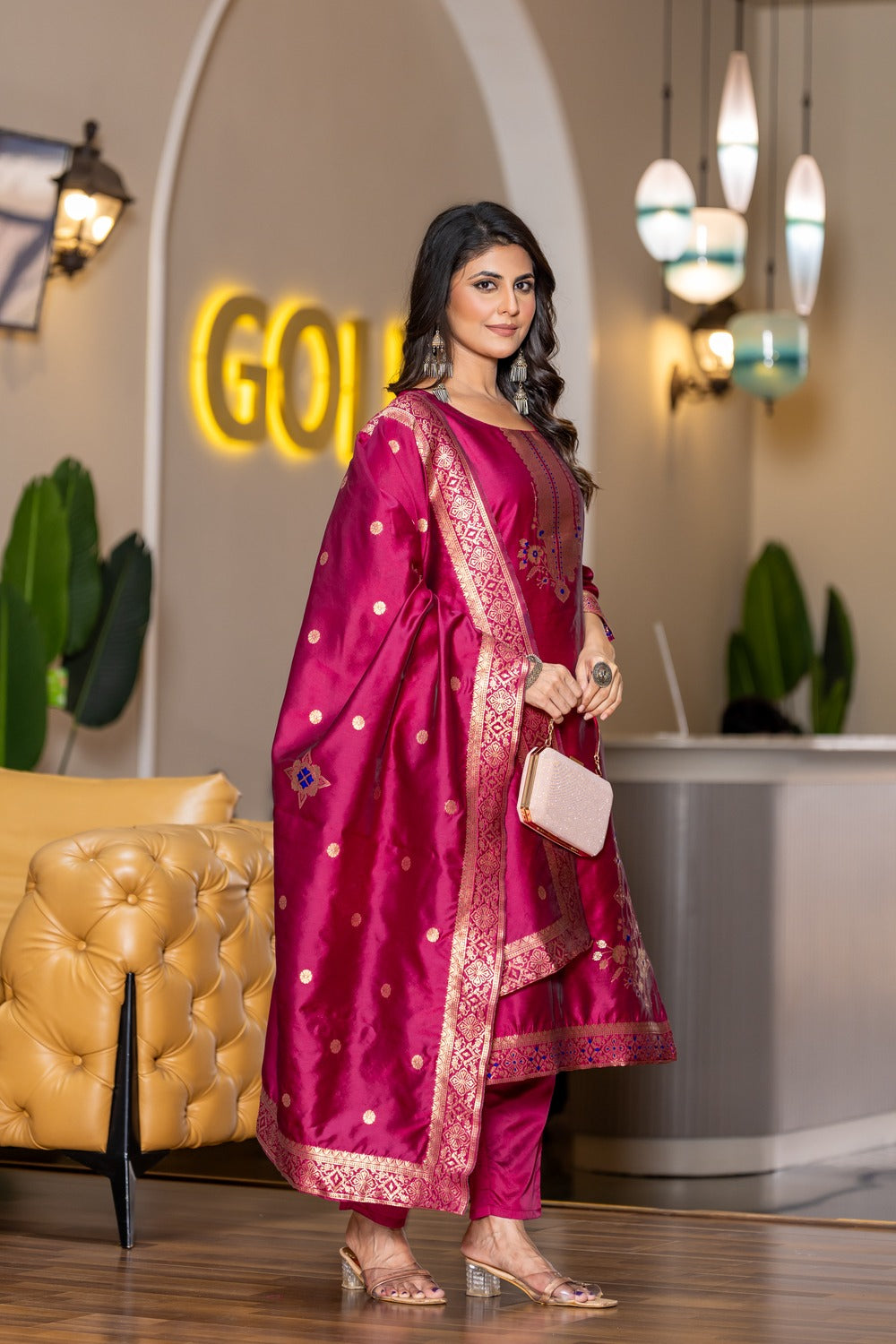 CHERRY COLOURED WOMEN'S POLYSTER KURTA WITH DUPATTA SET