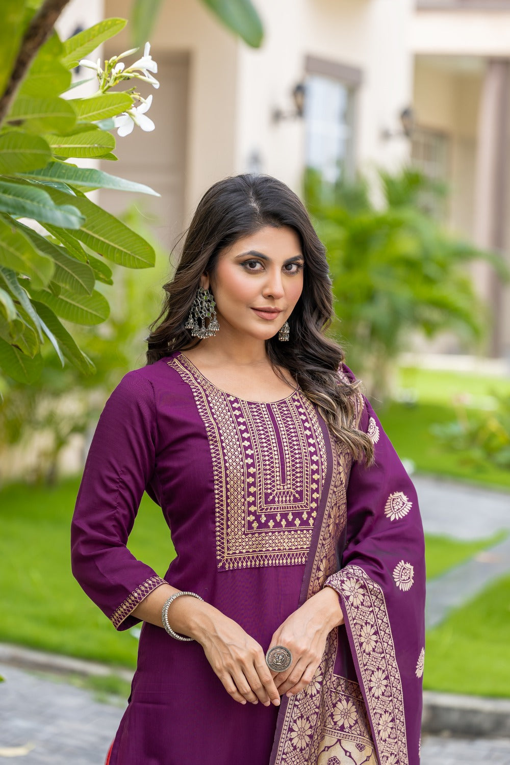 WINE COLOURED WOMEN'S POLYSTER KURTA WITH DUPATTA SET