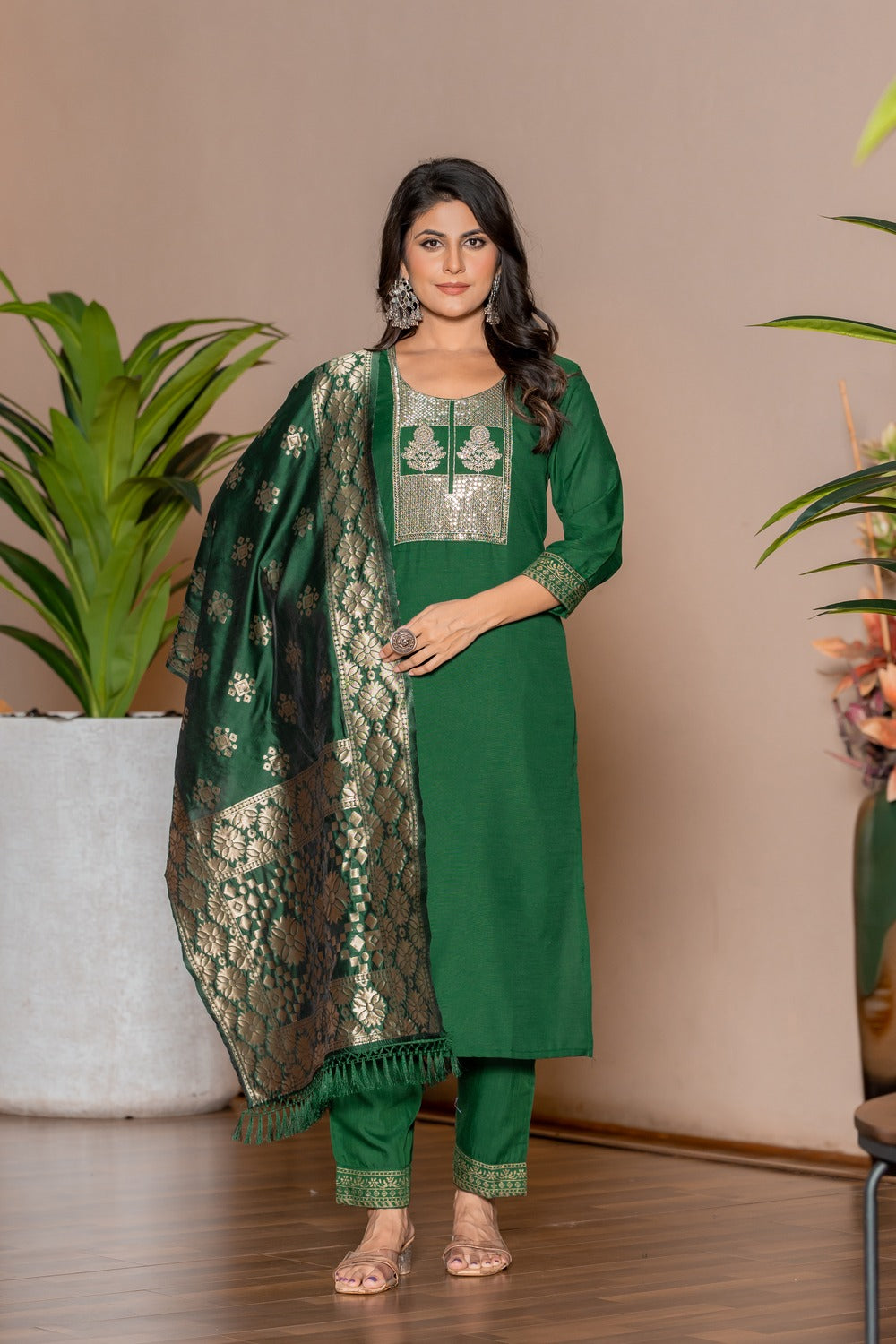 GREEN COLOURED WOMEN'S POLYSTER KURTA WITH DUPATTA SET