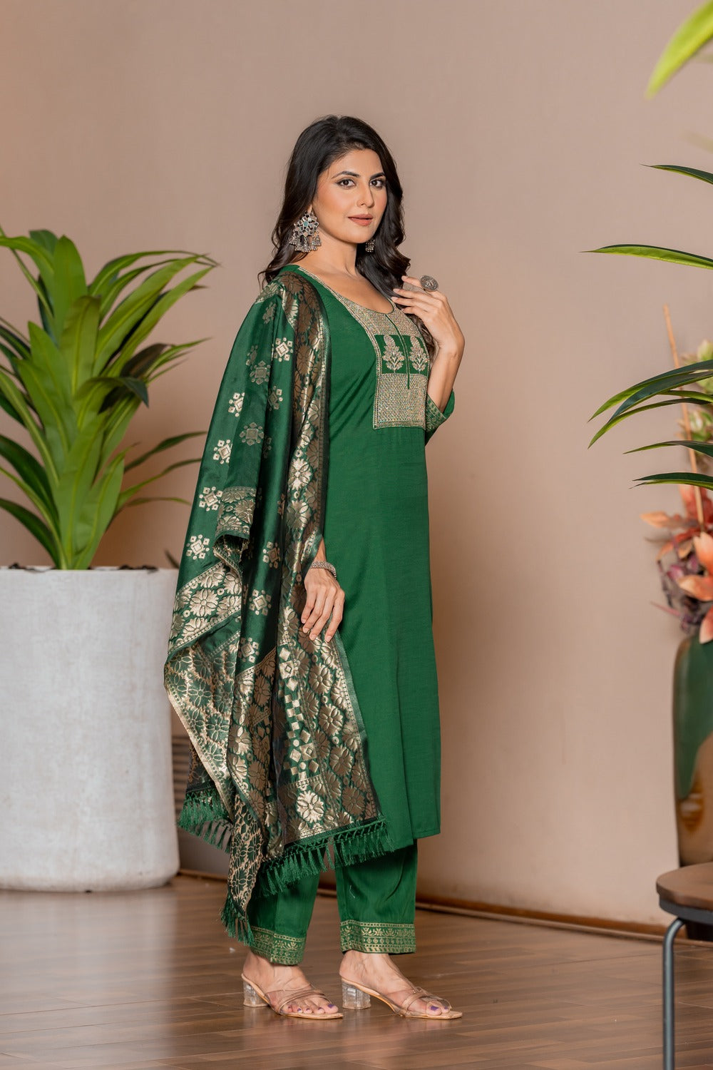 GREEN COLOURED WOMEN'S POLYSTER KURTA WITH DUPATTA SET
