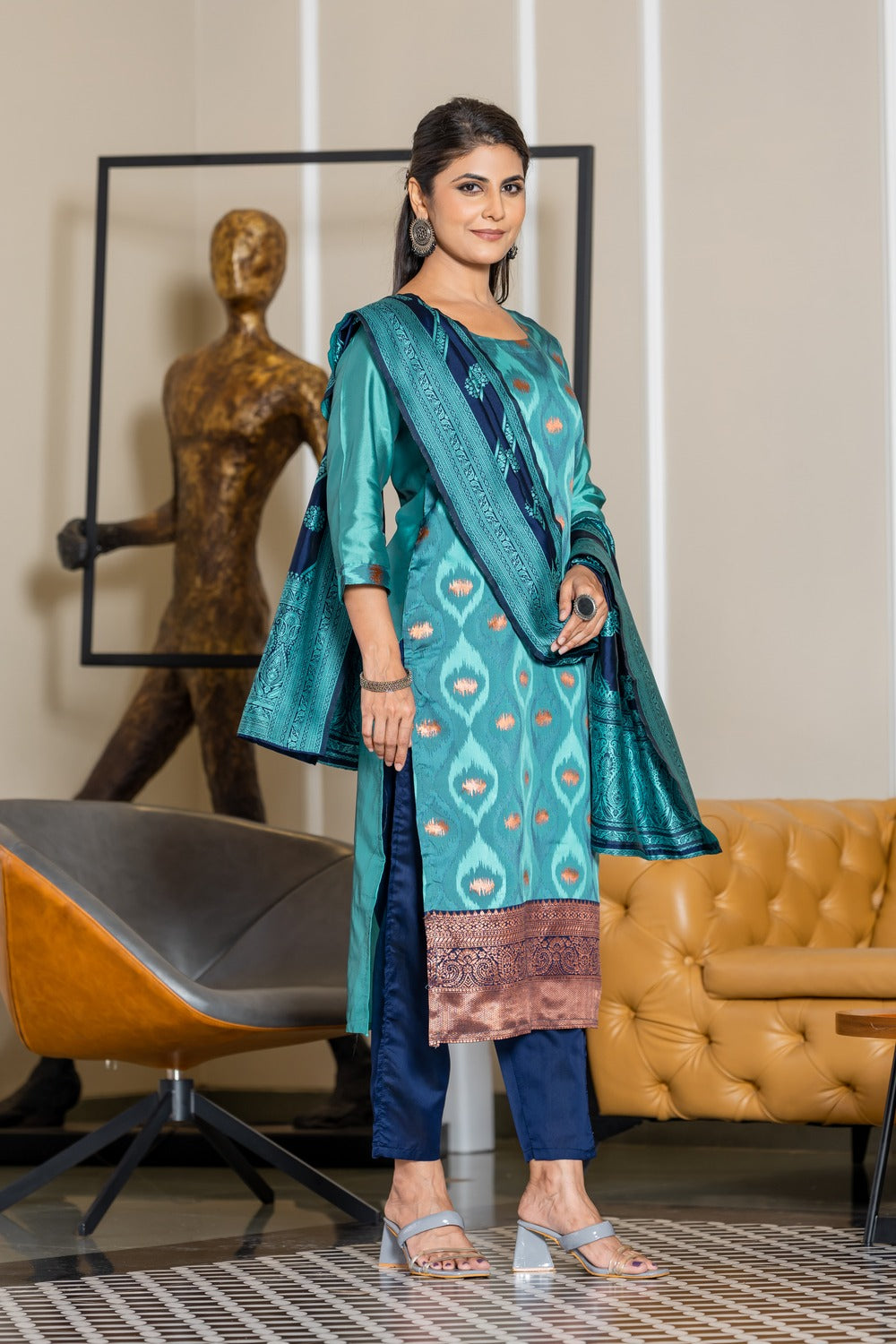 SKY BLUE COLOURED WOMEN'S POLYSTER KURTA WITH DUPATTA SET