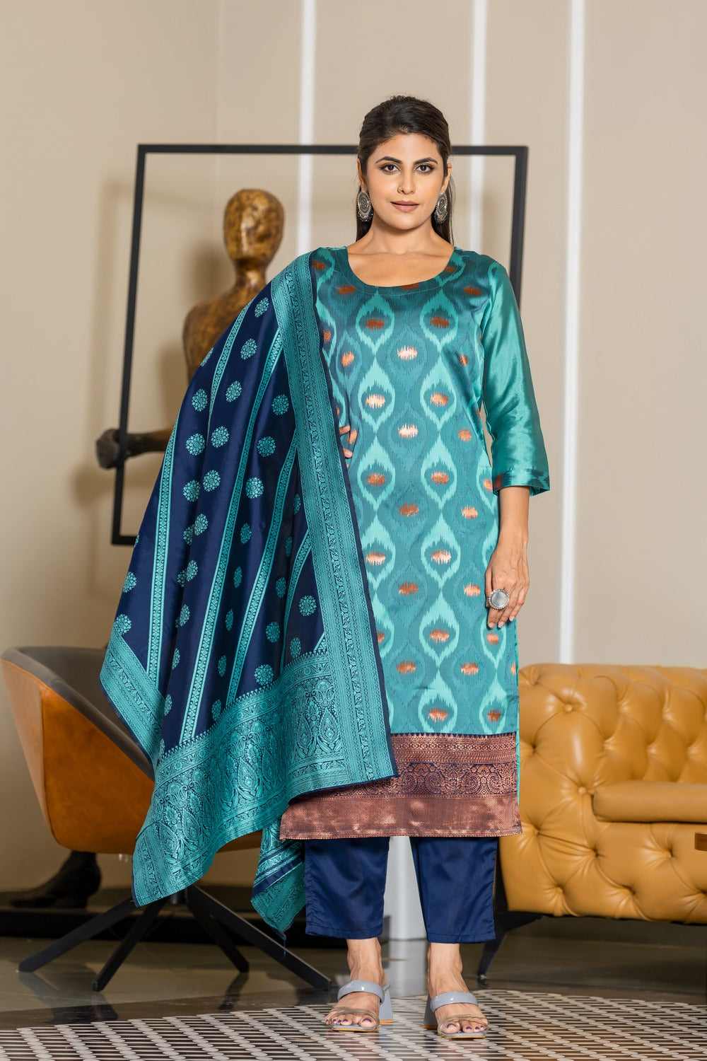 SKY BLUE COLOURED WOMEN'S POLYSTER KURTA WITH DUPATTA SET
