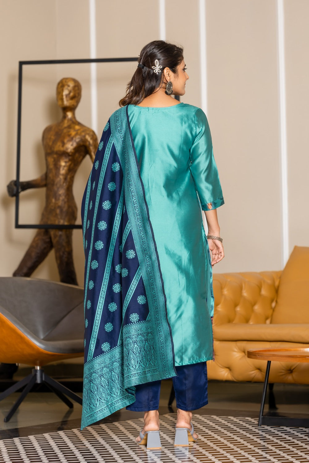 SKY BLUE COLOURED WOMEN'S POLYSTER KURTA WITH DUPATTA SET