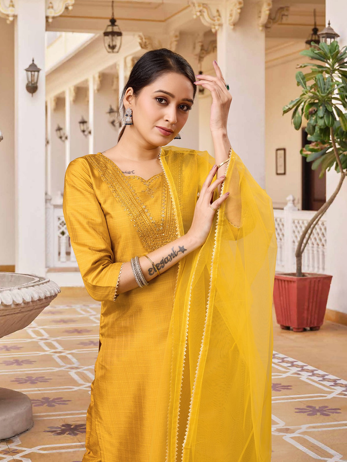 YELLOW COLOURED WOMEN'S RAYON SILK KURTA WITH DUPATTA SET