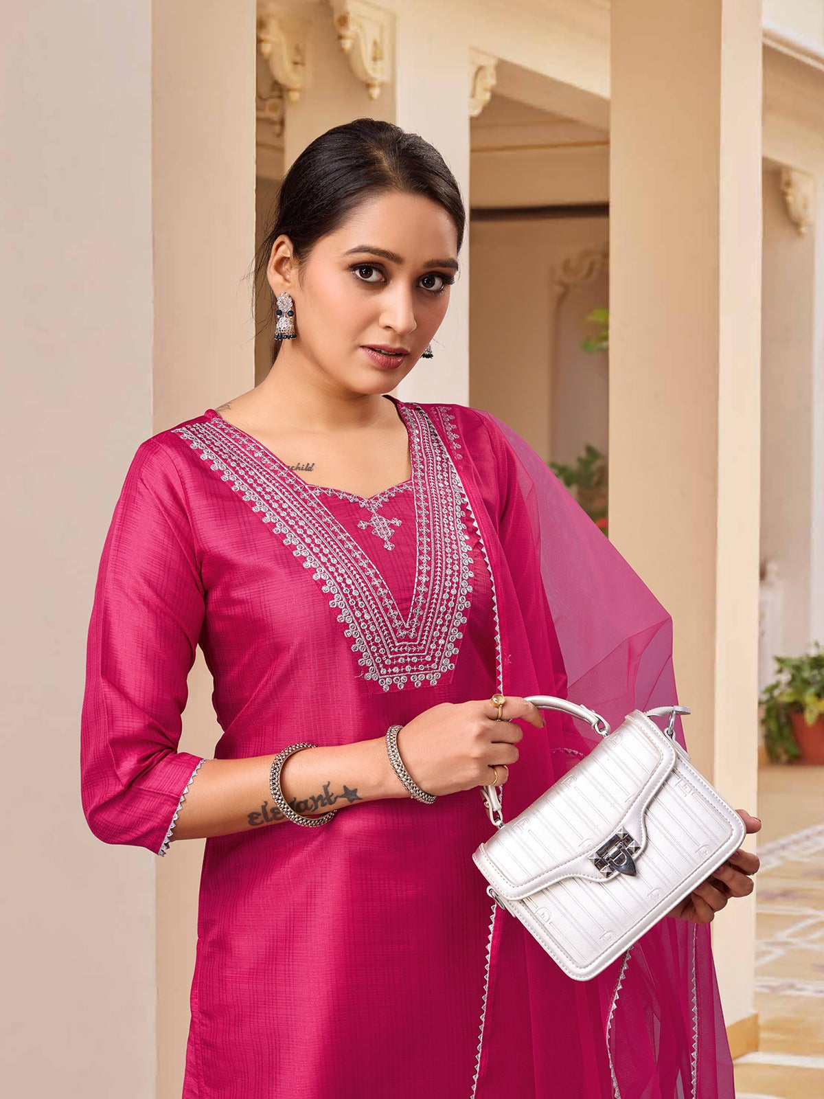 PINK COLOURED WOMEN'S RAYON SILK KURTA WITH DUPATTA SET
