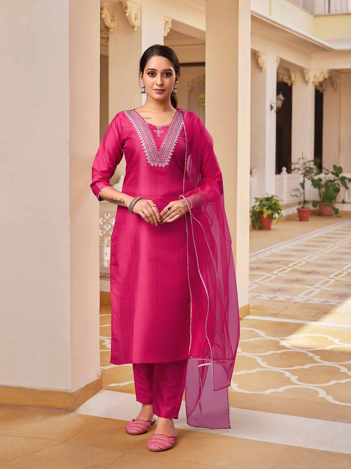 PINK COLOURED WOMEN'S RAYON SILK KURTA WITH DUPATTA SET