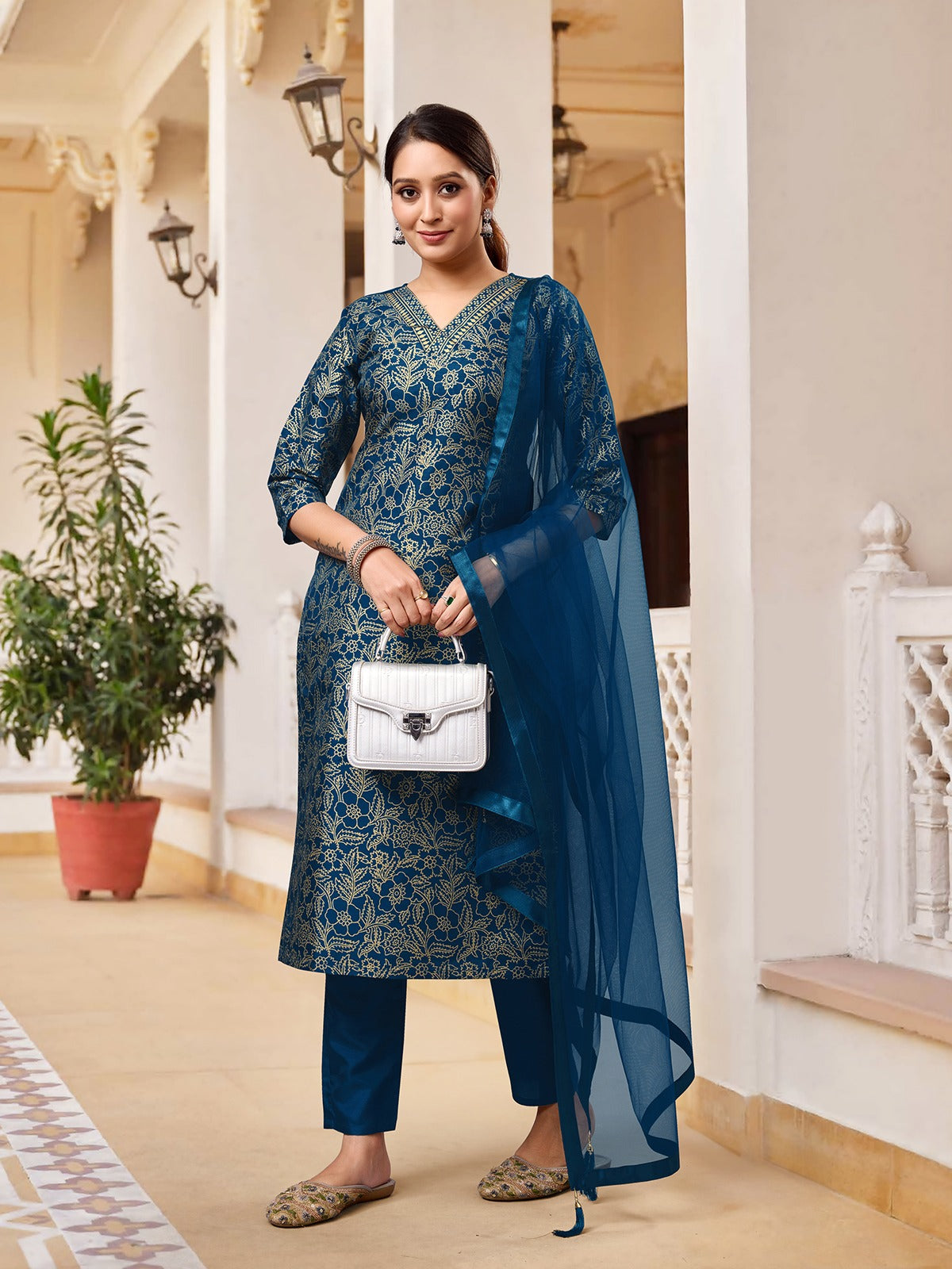 RAMA COLOURED WOMEN'S RAYON SILK KURTA WITH DUPATTA SET