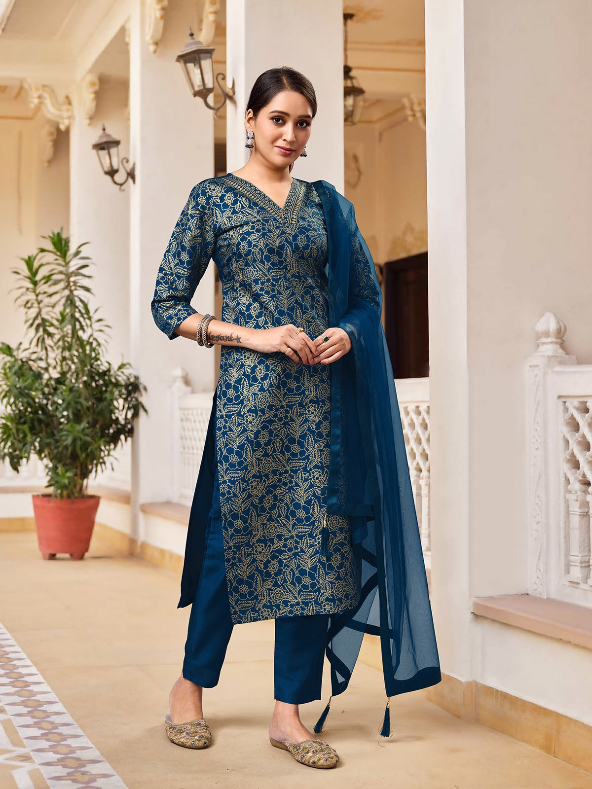 RAMA COLOURED WOMEN'S RAYON SILK KURTA WITH DUPATTA SET