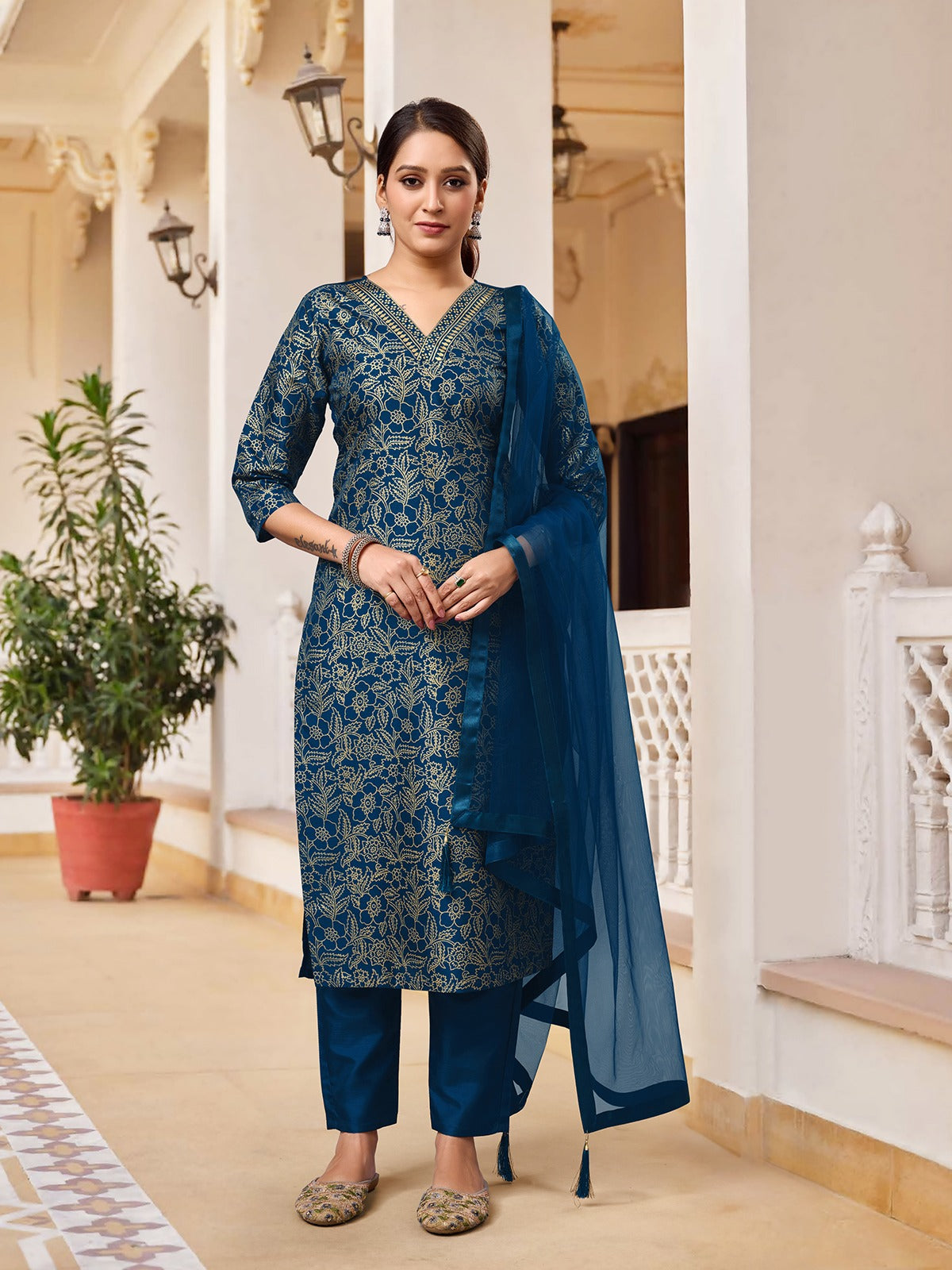 RAMA COLOURED WOMEN'S RAYON SILK KURTA WITH DUPATTA SET