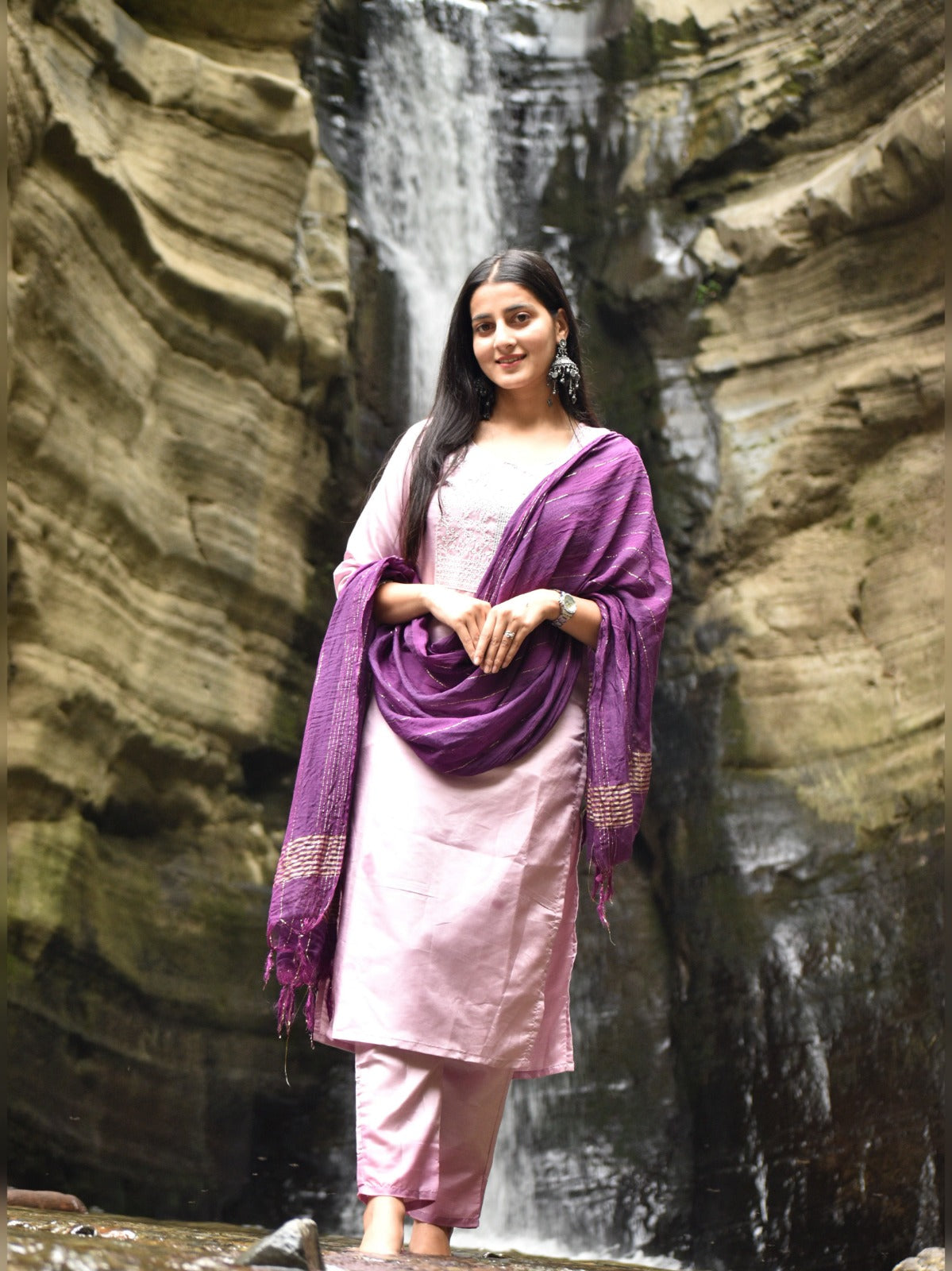 LIGHT PINK COLOURED WOMEN'S RAYON KURTA WITH DUPATTA SET