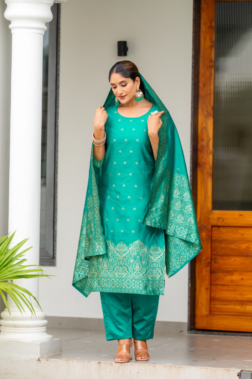 DARK GREEN COLOURED WOMEN'S POLYSTER KURTA WITH DUPATTA SET