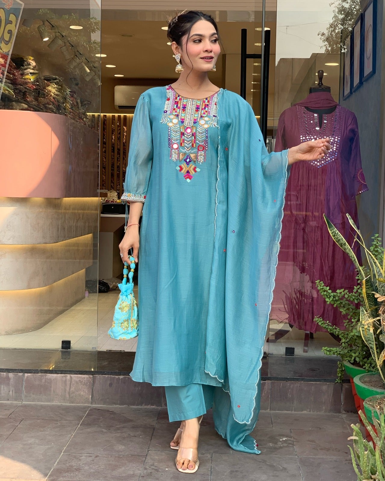YAMINI BLUE COLOURED WOMEN'S CHANDERI SILK EMBROIDERED KURTA WITH PANT DUPATTA SET