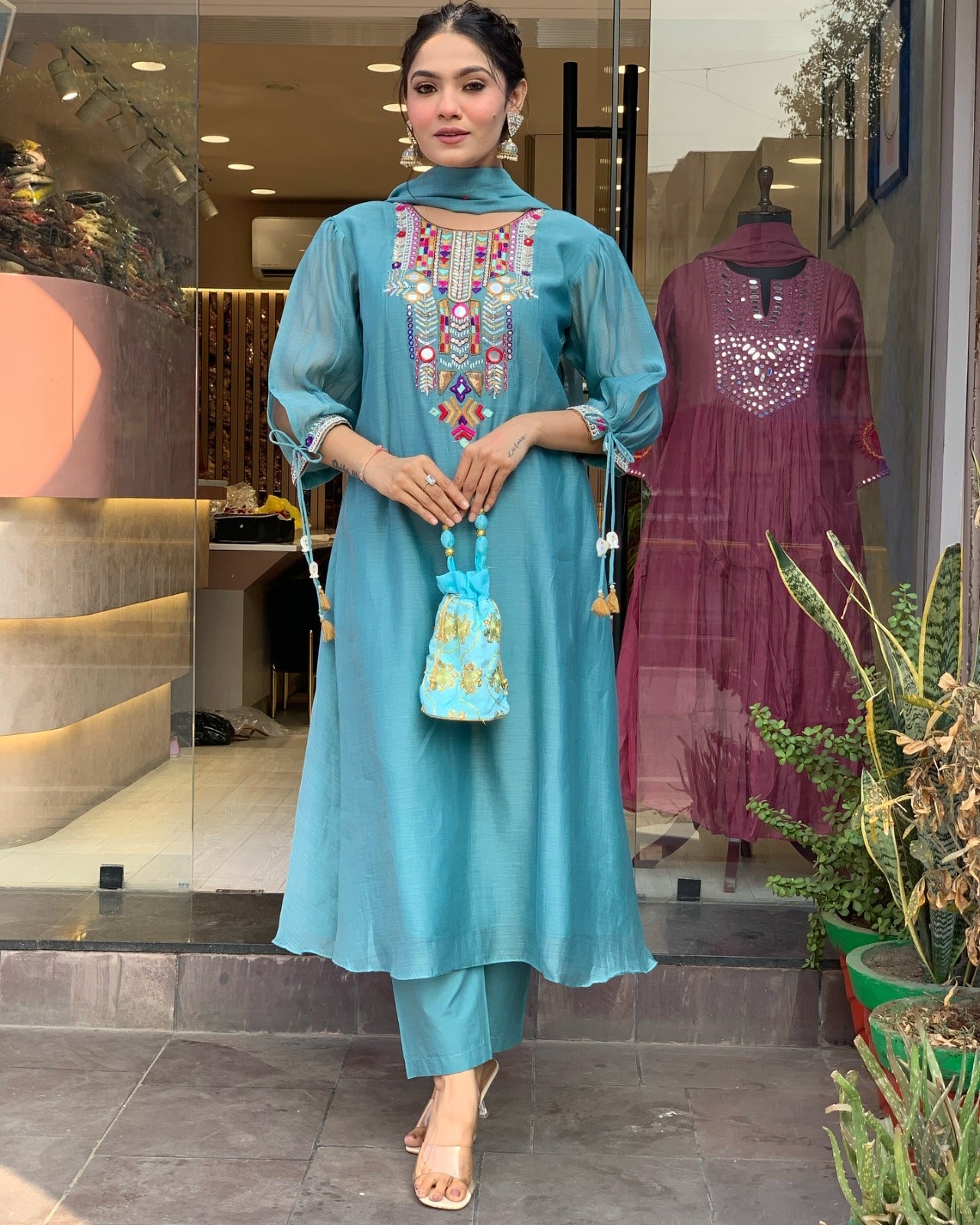 YAMINI BLUE COLOURED WOMEN'S CHANDERI SILK EMBROIDERED KURTA WITH PANT DUPATTA SET