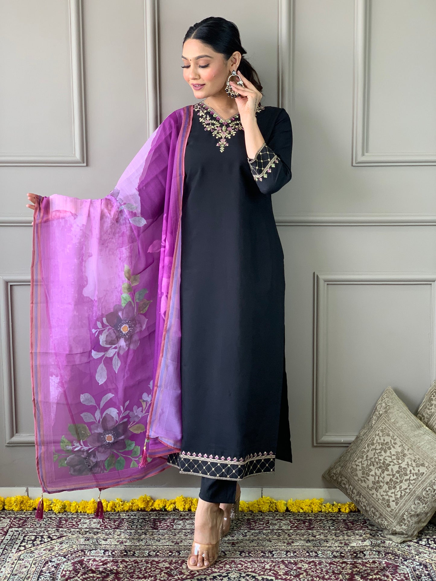 BLACK COLOURED WOMEN'S VISCOSE CHANDERI EMBROIDERED KURTA WITH PANT DUPATTA SET