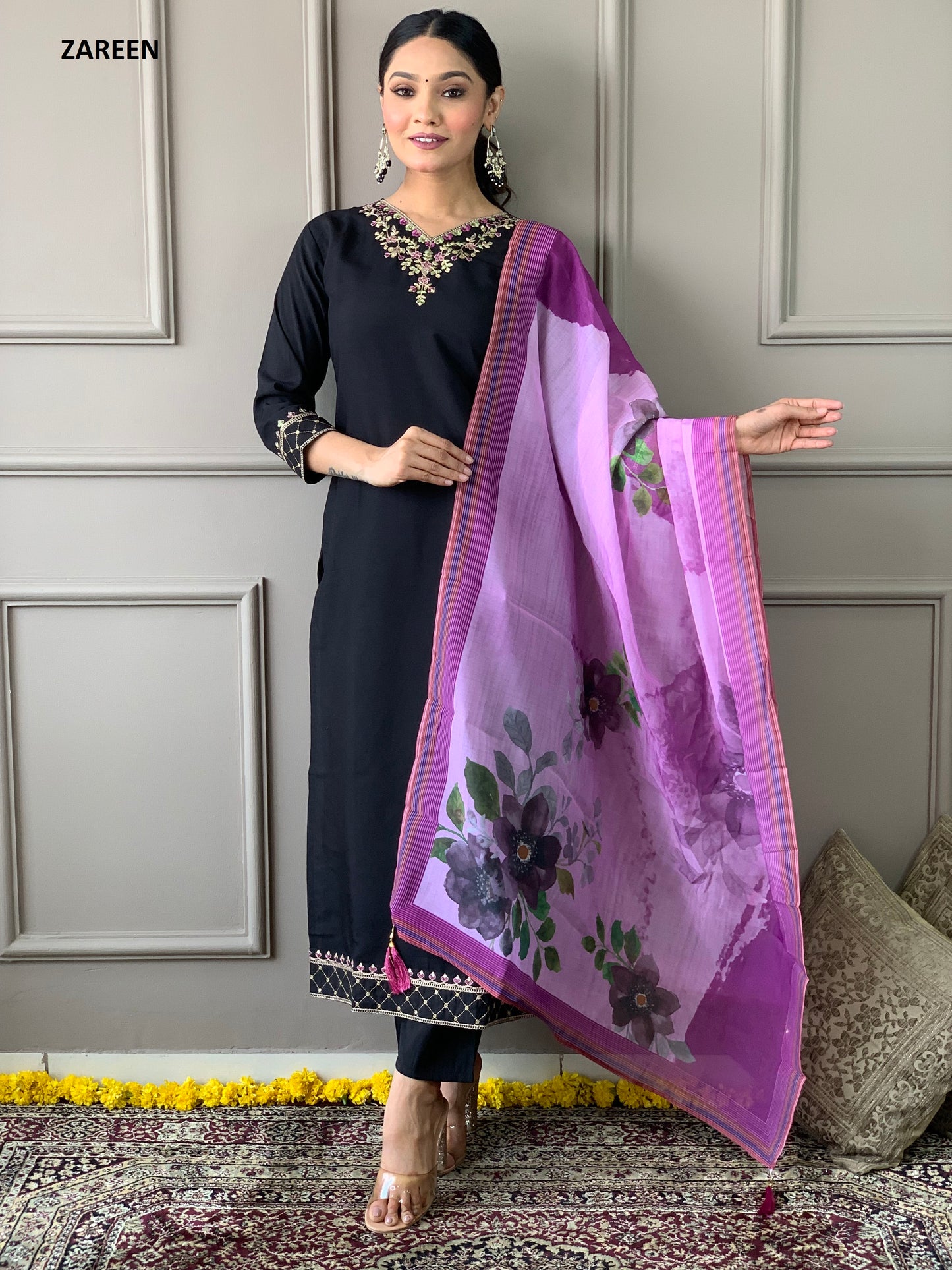 BLACK COLOURED WOMEN'S VISCOSE CHANDERI EMBROIDERED KURTA WITH PANT DUPATTA SET