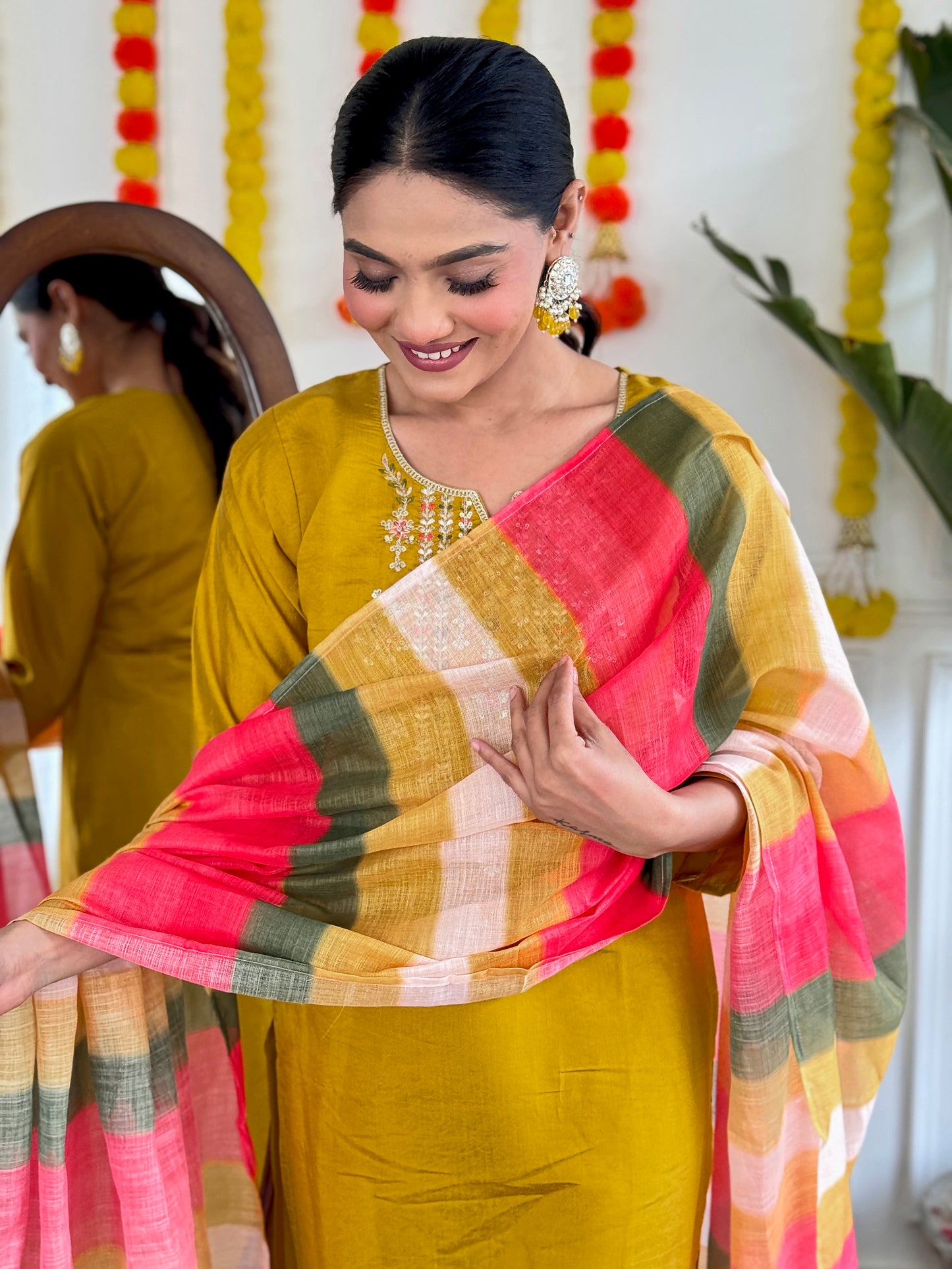 YELLOW COLOURED WOMEN'S VISCOSE CHANDERI EMBROIDERED KURTA WITH PANT DUPATTA SET