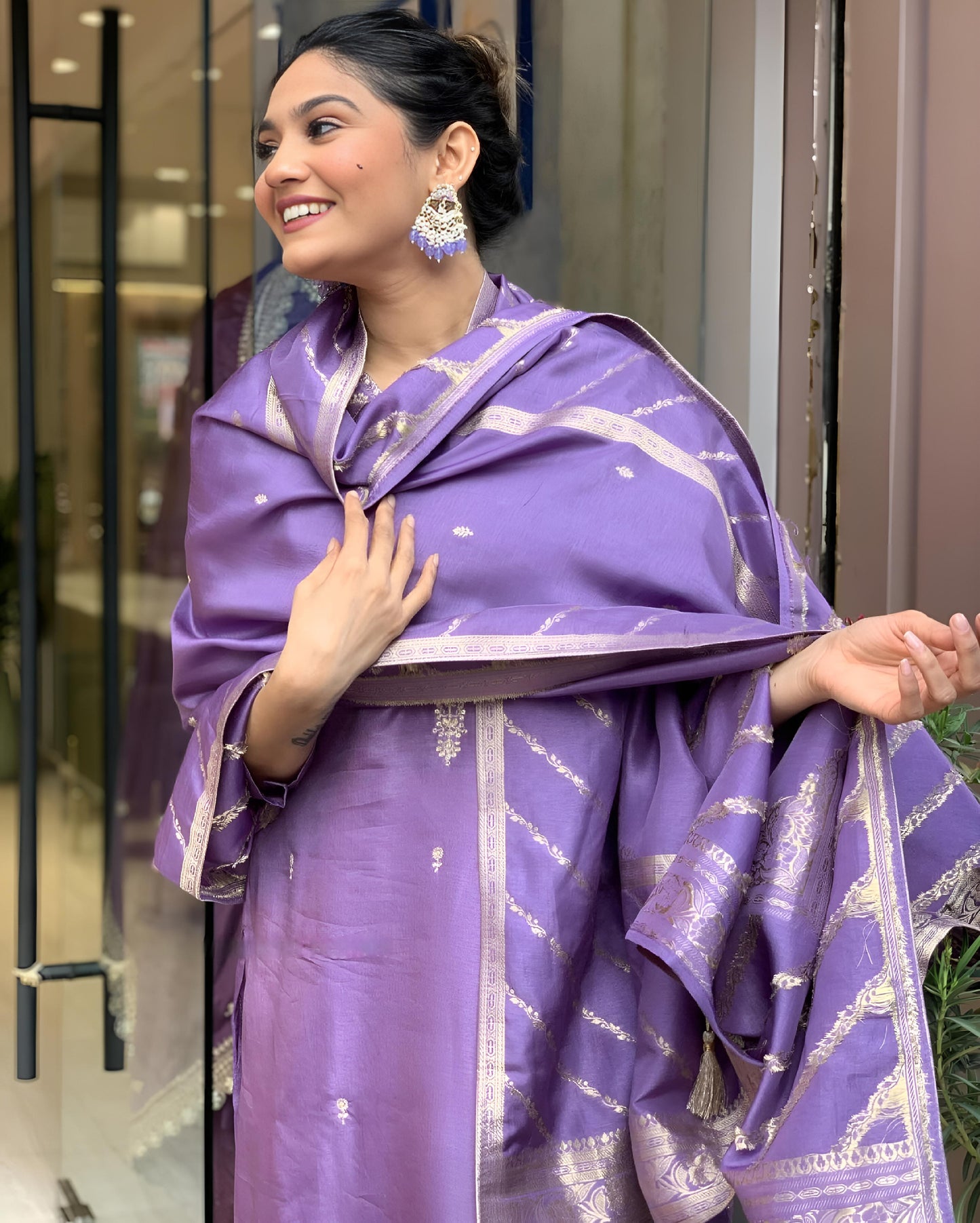 JENA LAVENDER COLOURED WOMEN'S VISCOSE CHANDERI KURTA WITH PANT DUPATTA SET
