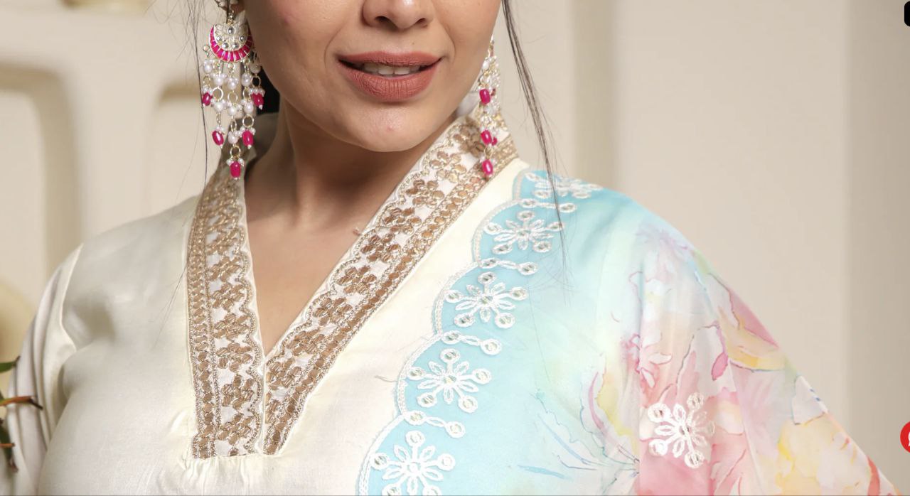 WHITE COLOURED WOMEN'S VISCOSE CHANDERI EMBROIDERED KURTA WITH PANT DUPATTA SET