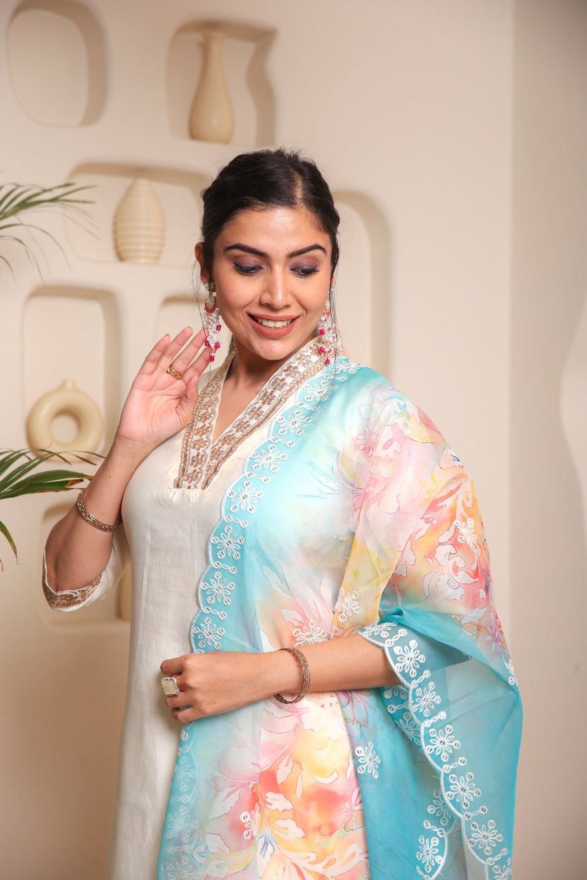 WHITE COLOURED WOMEN'S VISCOSE CHANDERI EMBROIDERED KURTA WITH PANT DUPATTA SET
