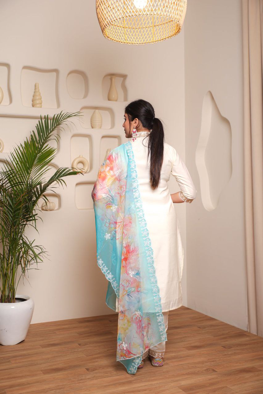 WHITE COLOURED WOMEN'S VISCOSE CHANDERI EMBROIDERED KURTA WITH PANT DUPATTA SET