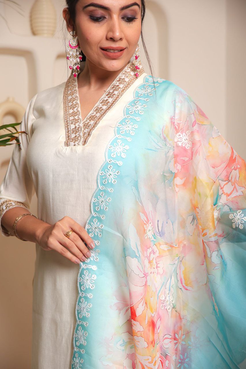 WHITE COLOURED WOMEN'S VISCOSE CHANDERI EMBROIDERED KURTA WITH PANT DUPATTA SET