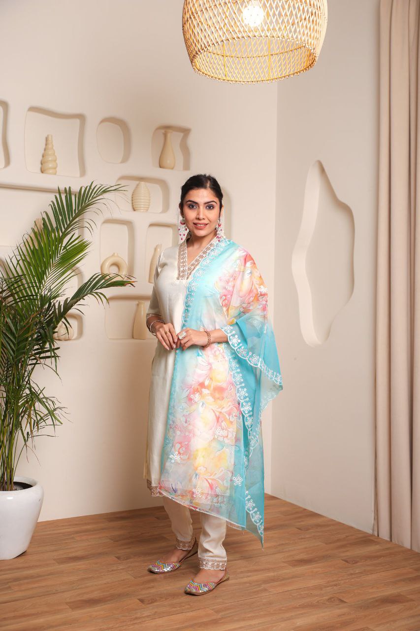 WHITE COLOURED WOMEN'S VISCOSE CHANDERI EMBROIDERED KURTA WITH PANT DUPATTA SET