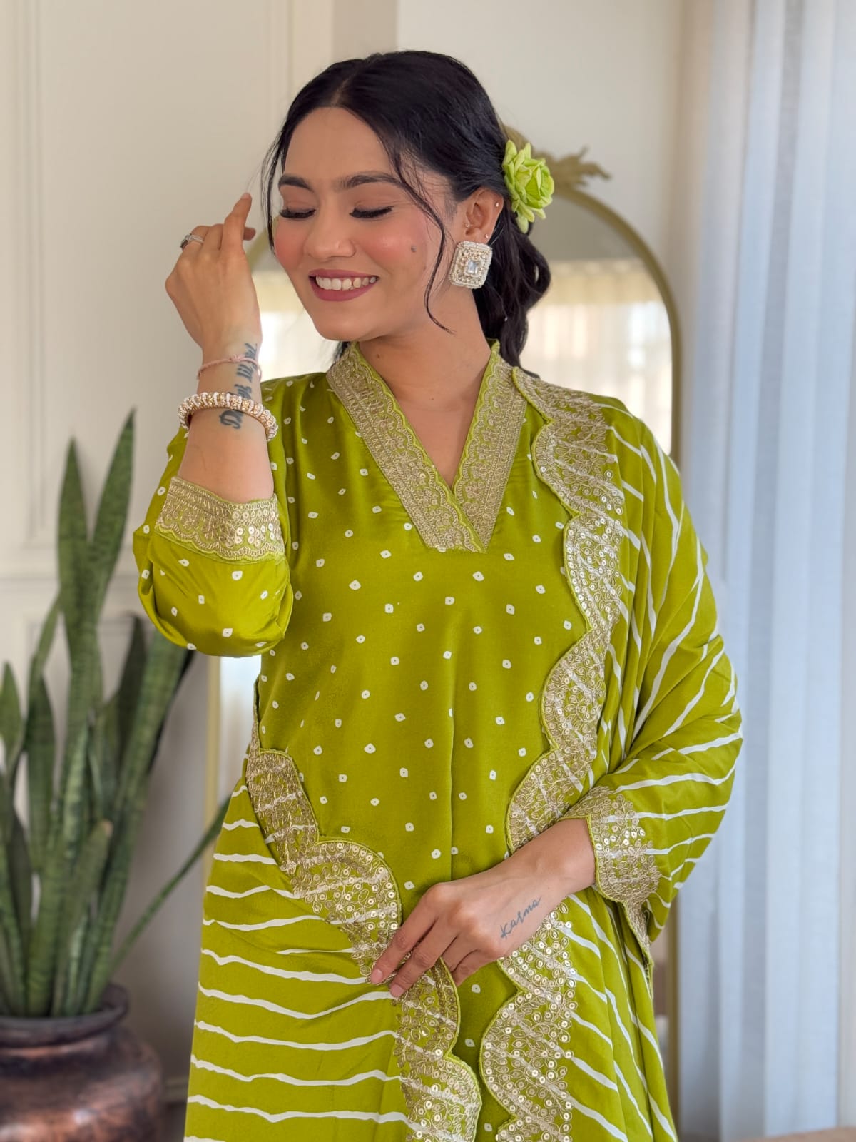 PISTA COLOURED WOMEN'S REYON EMBROIDERED KURTA WITH PANT DUPATTA SET