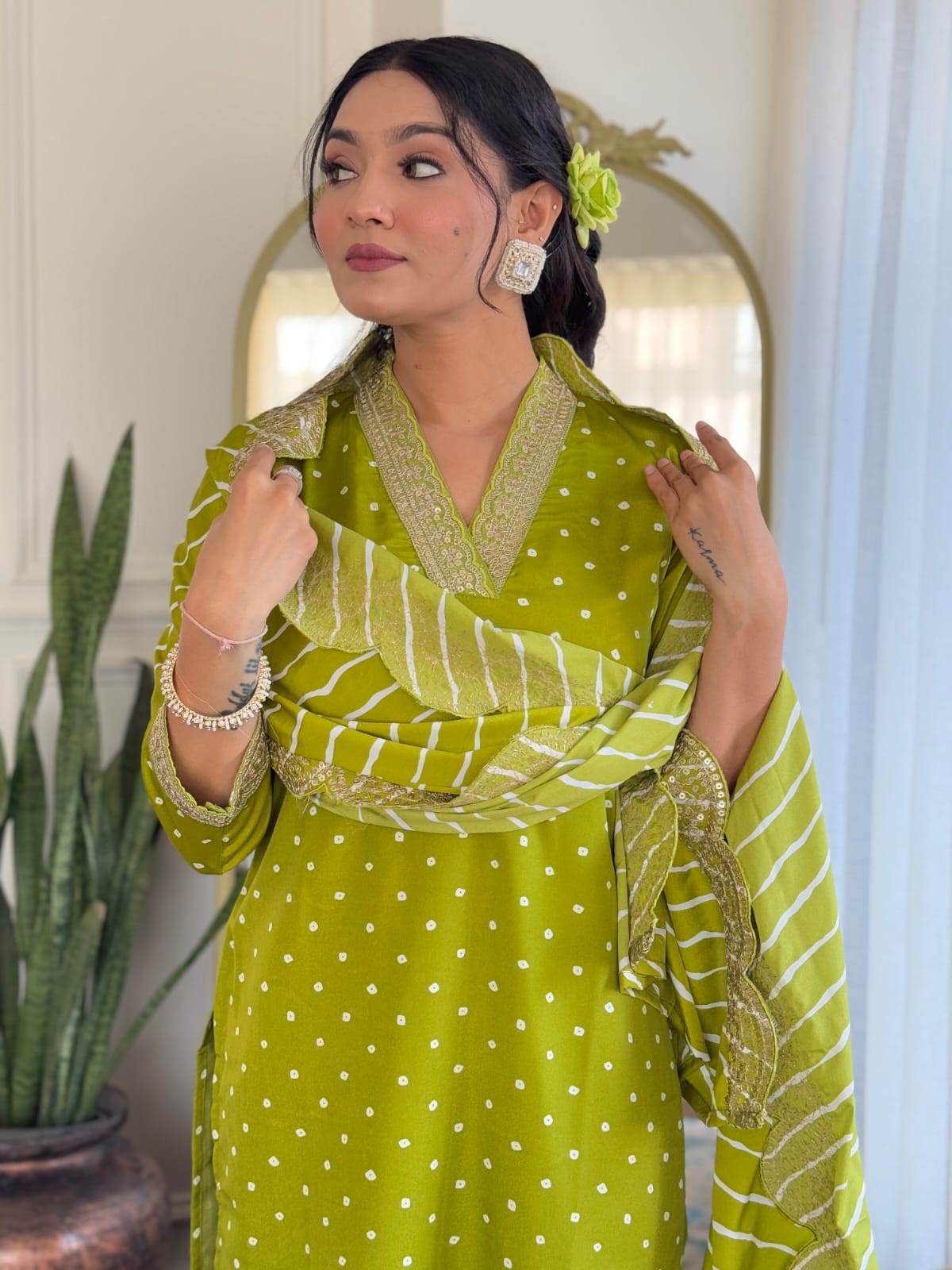 PISTA COLOURED WOMEN'S REYON EMBROIDERED KURTA WITH PANT DUPATTA SET