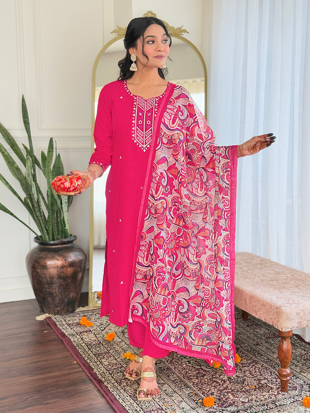 PINK COLOURED WOMEN EMBROIDERY WORK KURTA SET