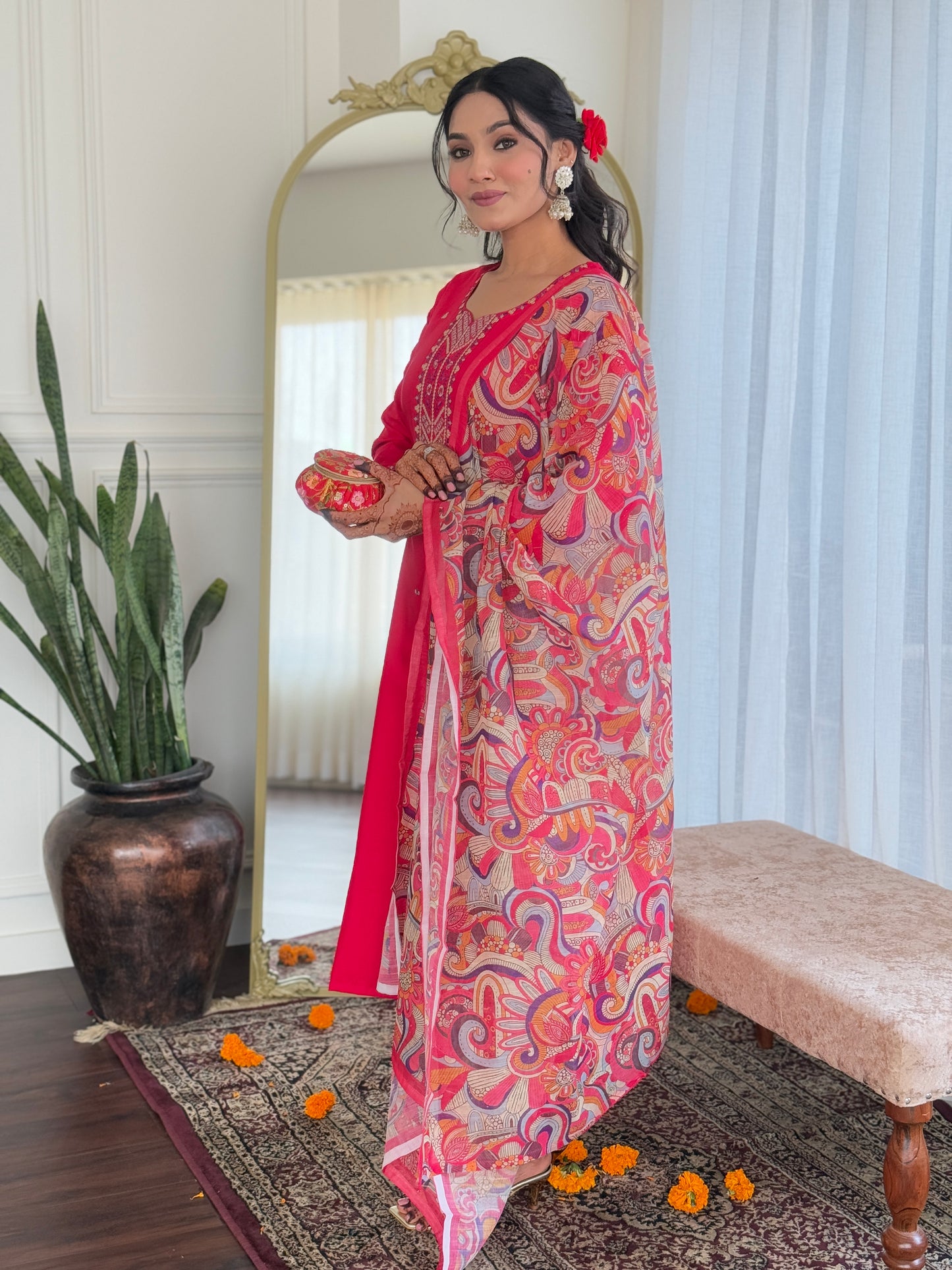 PINK COLOURED WOMEN EMBROIDERY WORK KURTA SET