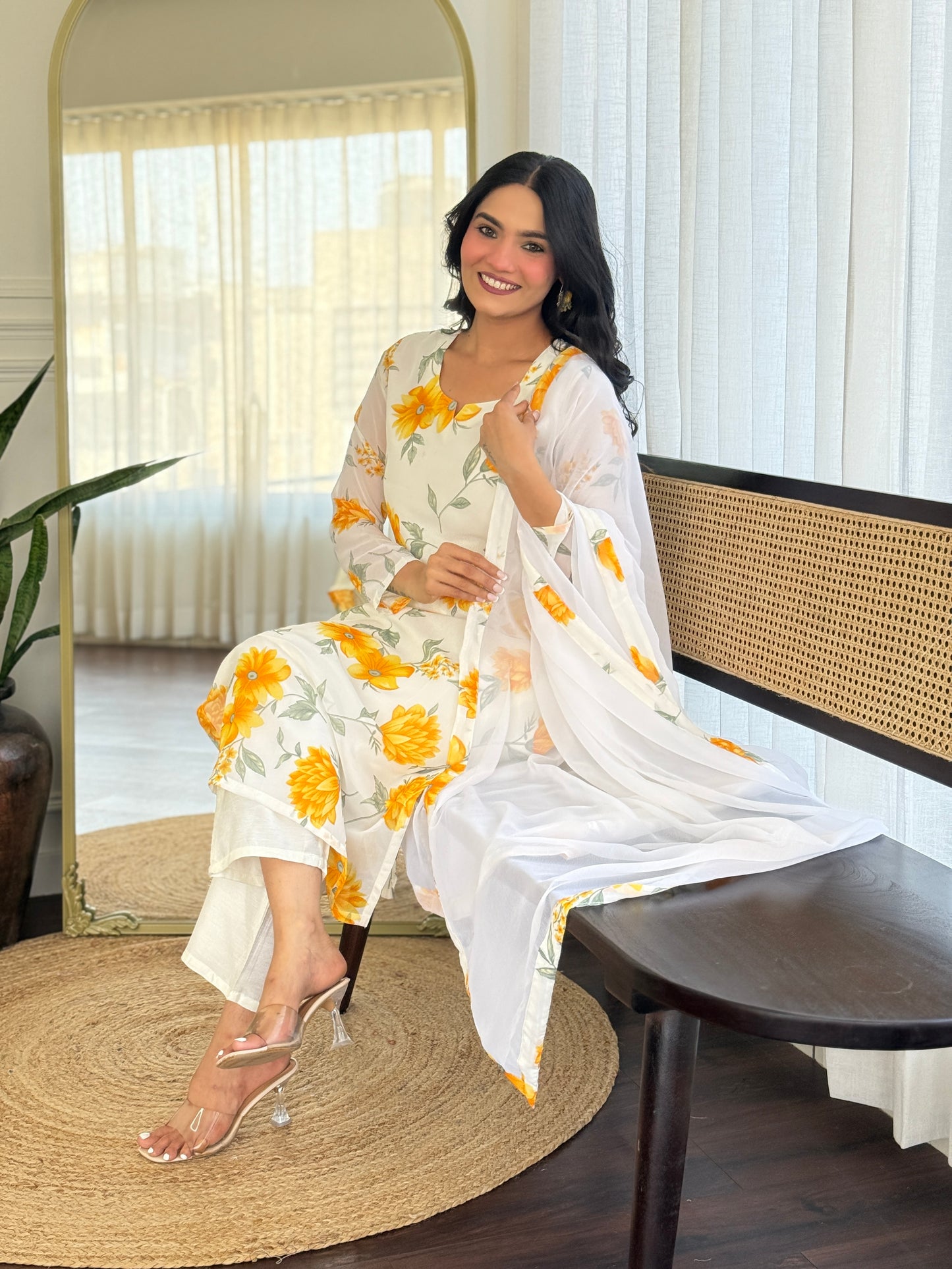 YELLOW COLOURED WOMEN'S GEORGETTE KURTA WITH PANT DUPATTA SET