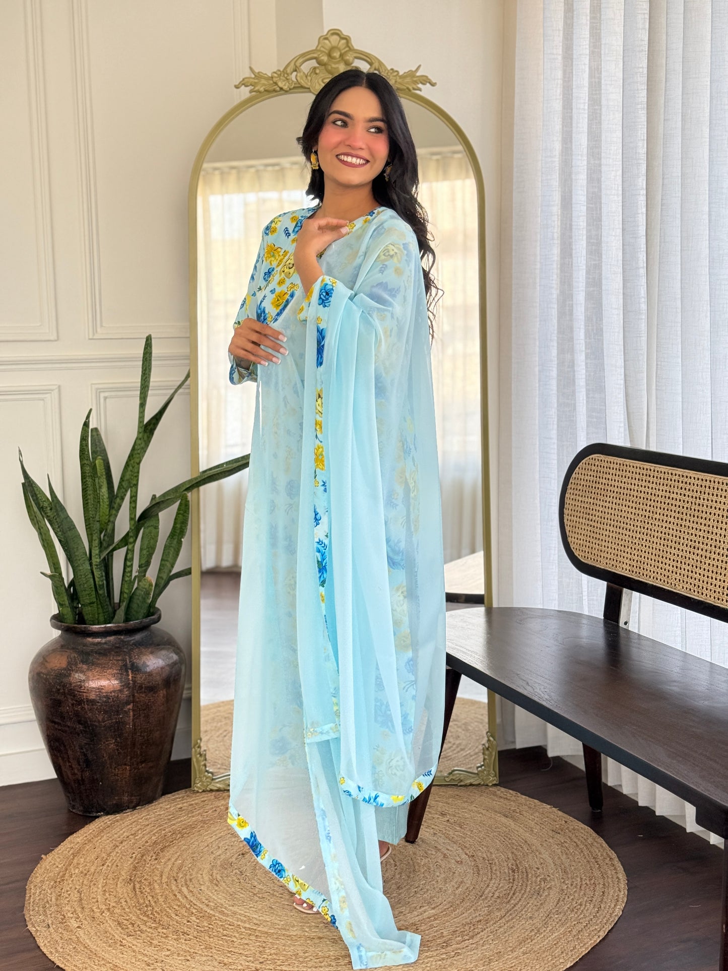 SKY COLOURED WOMEN'S GEORGETTE KURTA WITH PANT DUPATTA SET