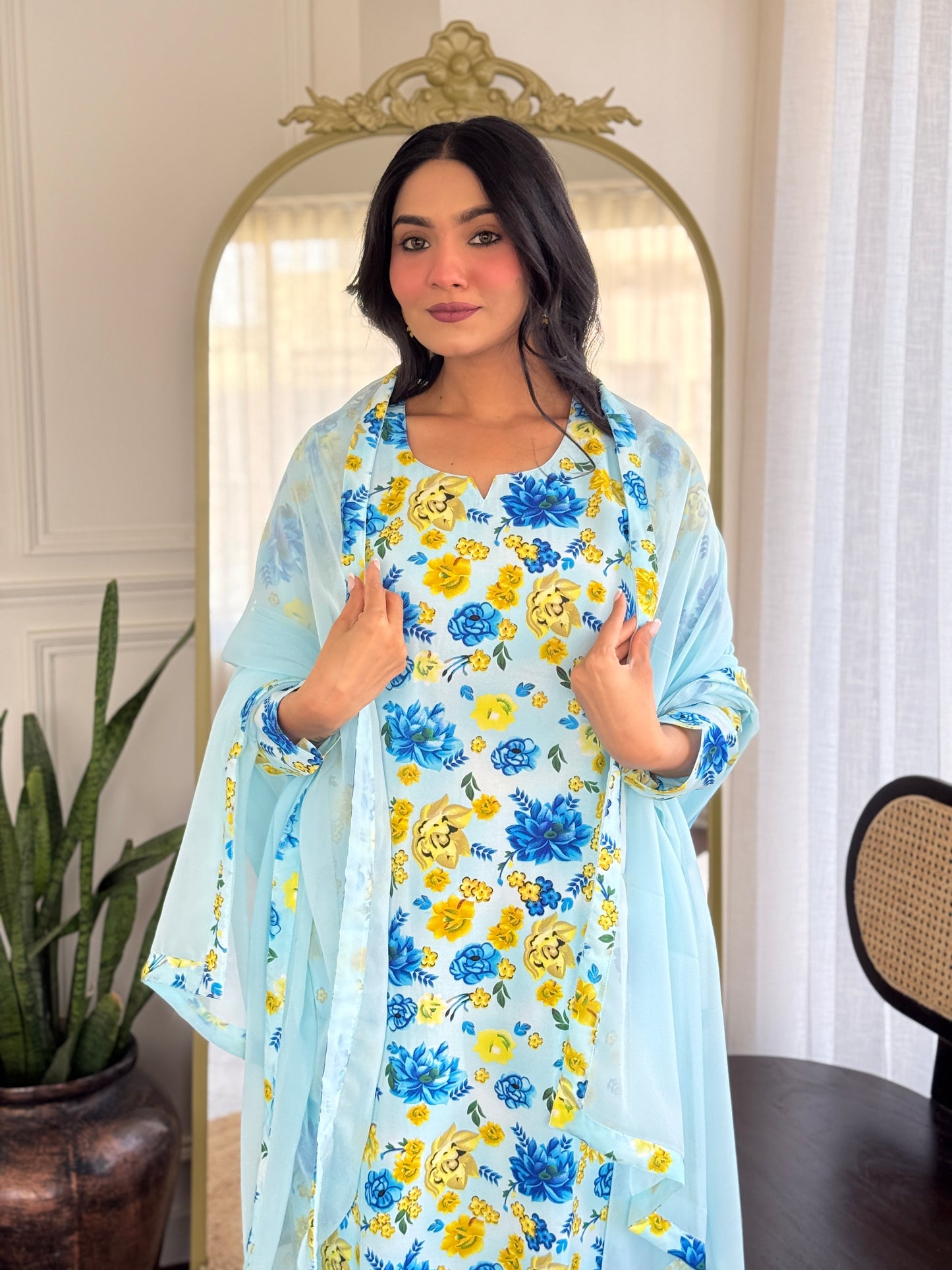 SKY COLOURED WOMEN'S GEORGETTE KURTA WITH PANT DUPATTA SET
